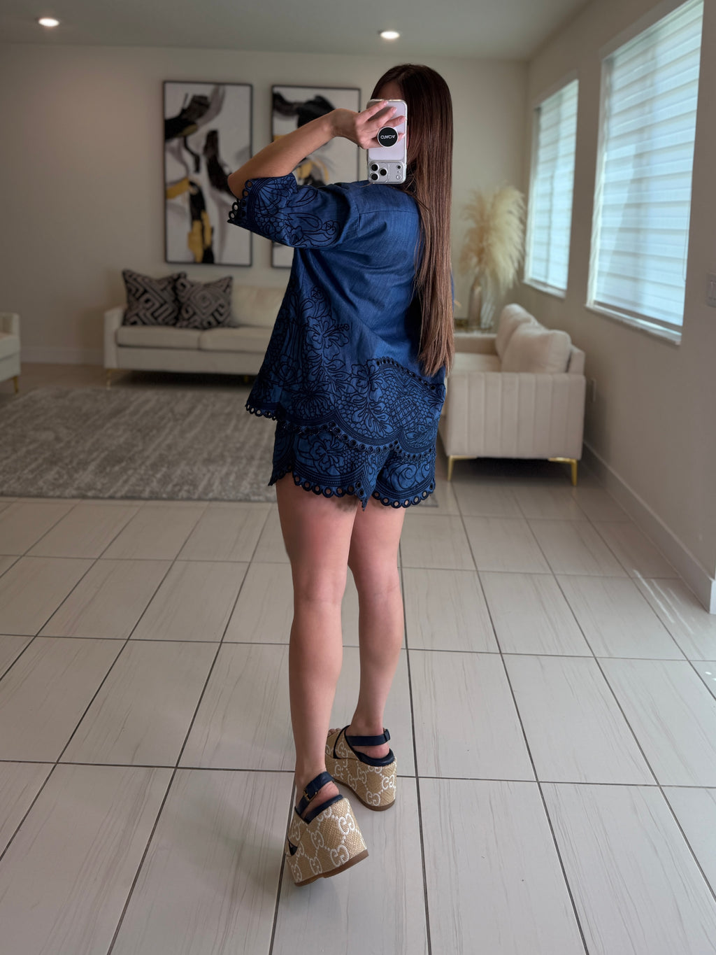 Paradise Embroidered Denim Short Set