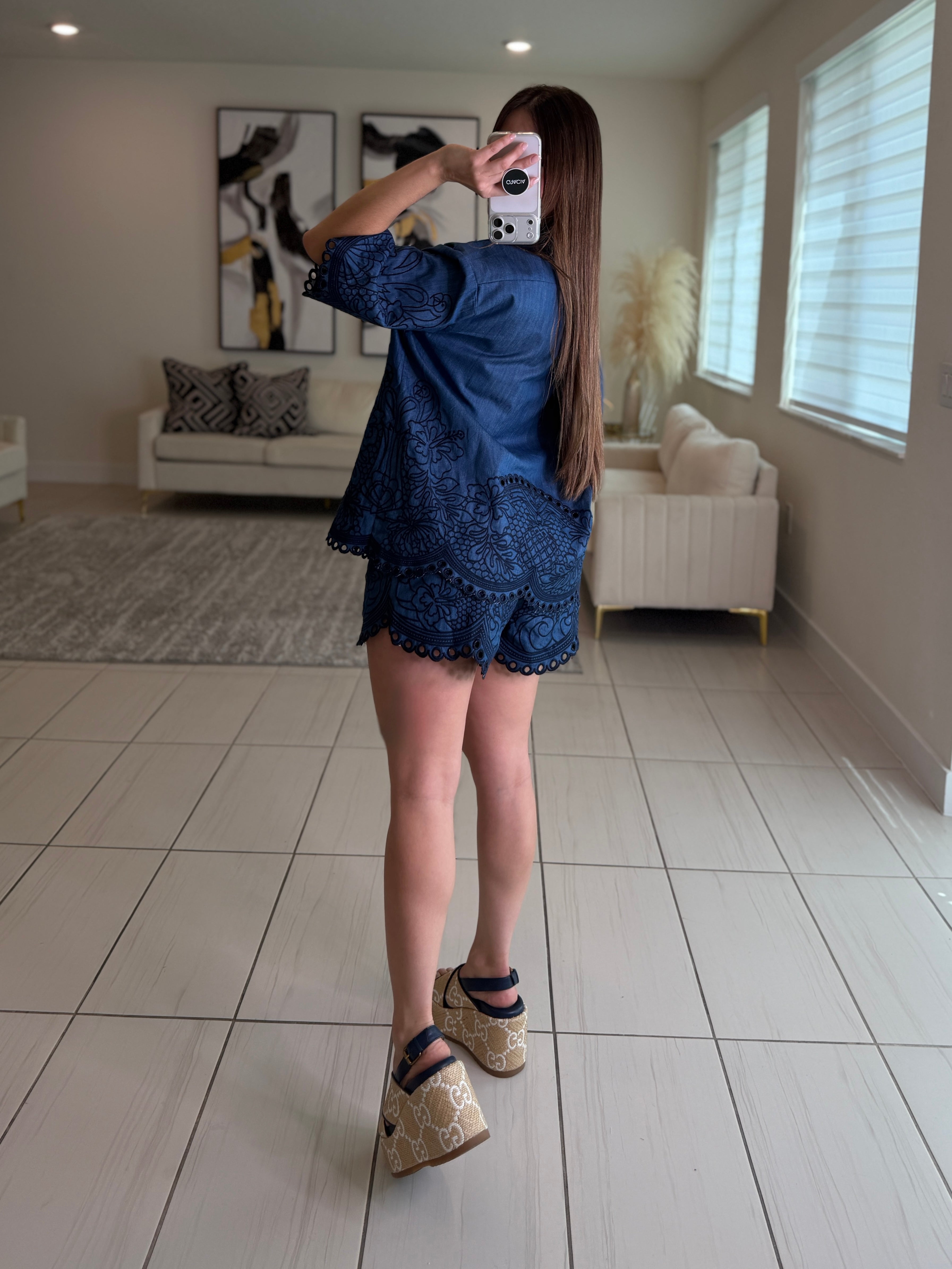 Paradise Embroidered Denim Short Set