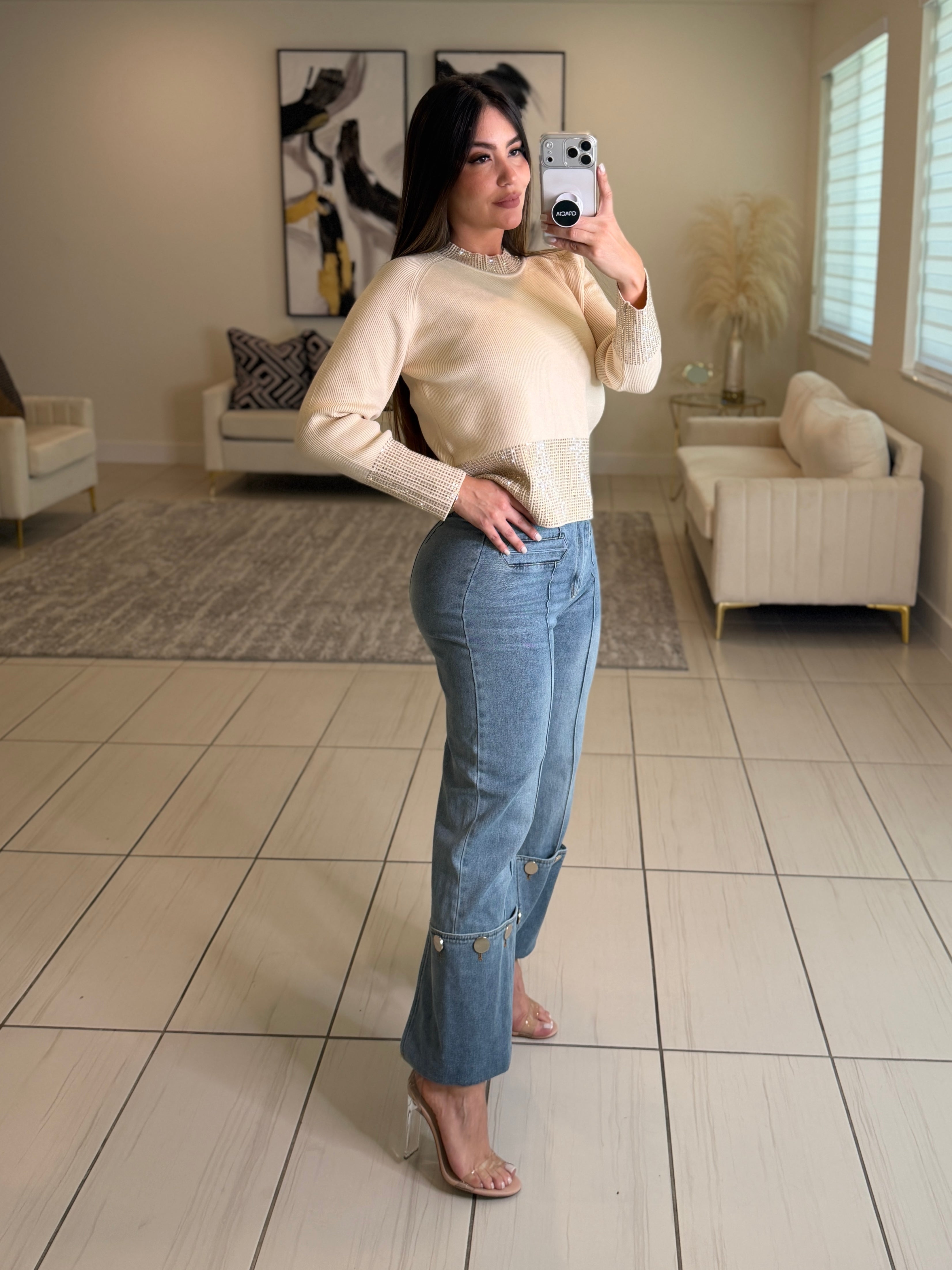 Stunning Silver Buttons Denim Pants