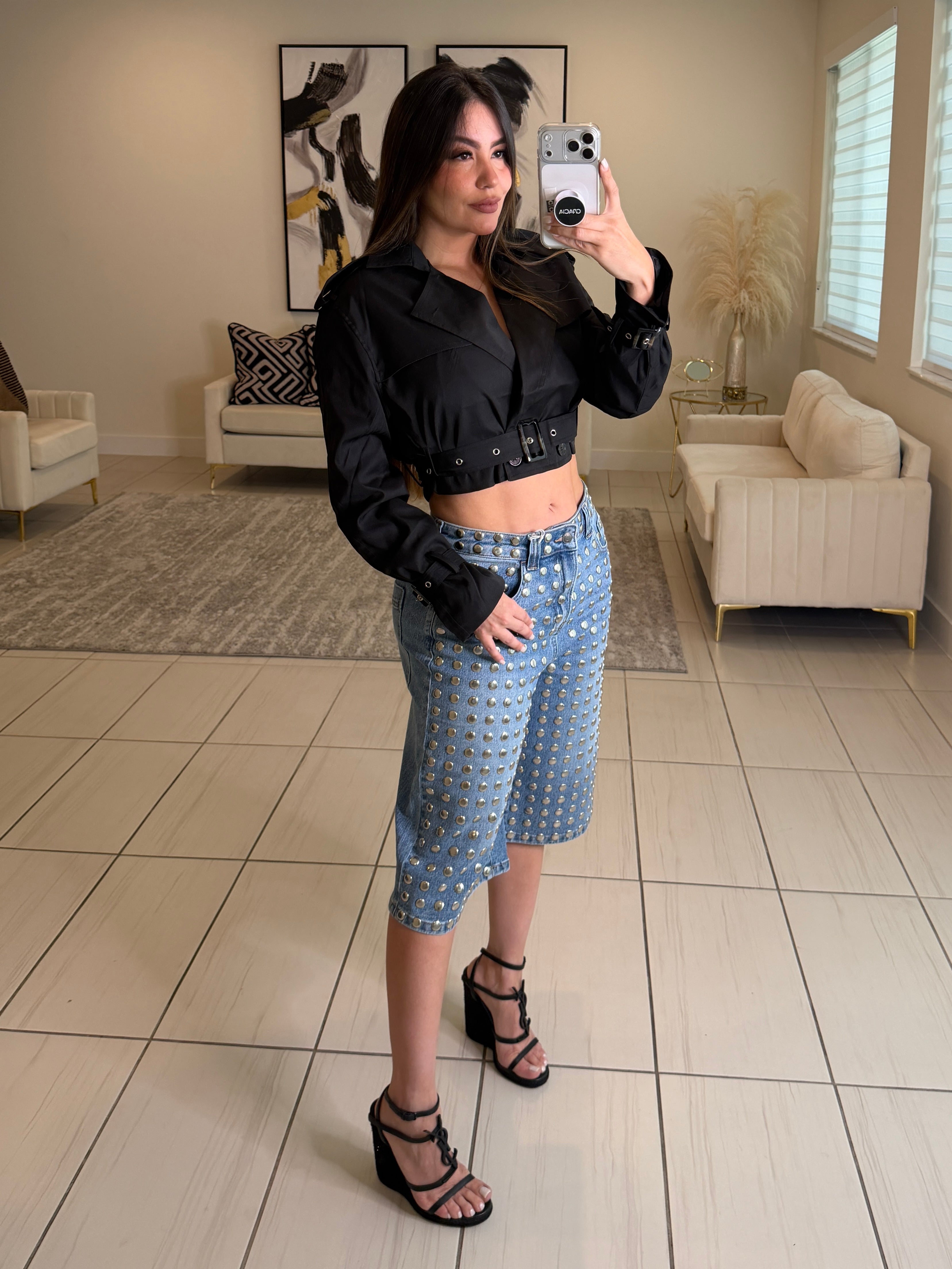 Studded Denim Bermuda