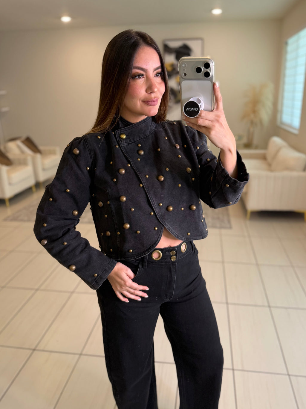 Luxe Golden Dots Black Denim Top