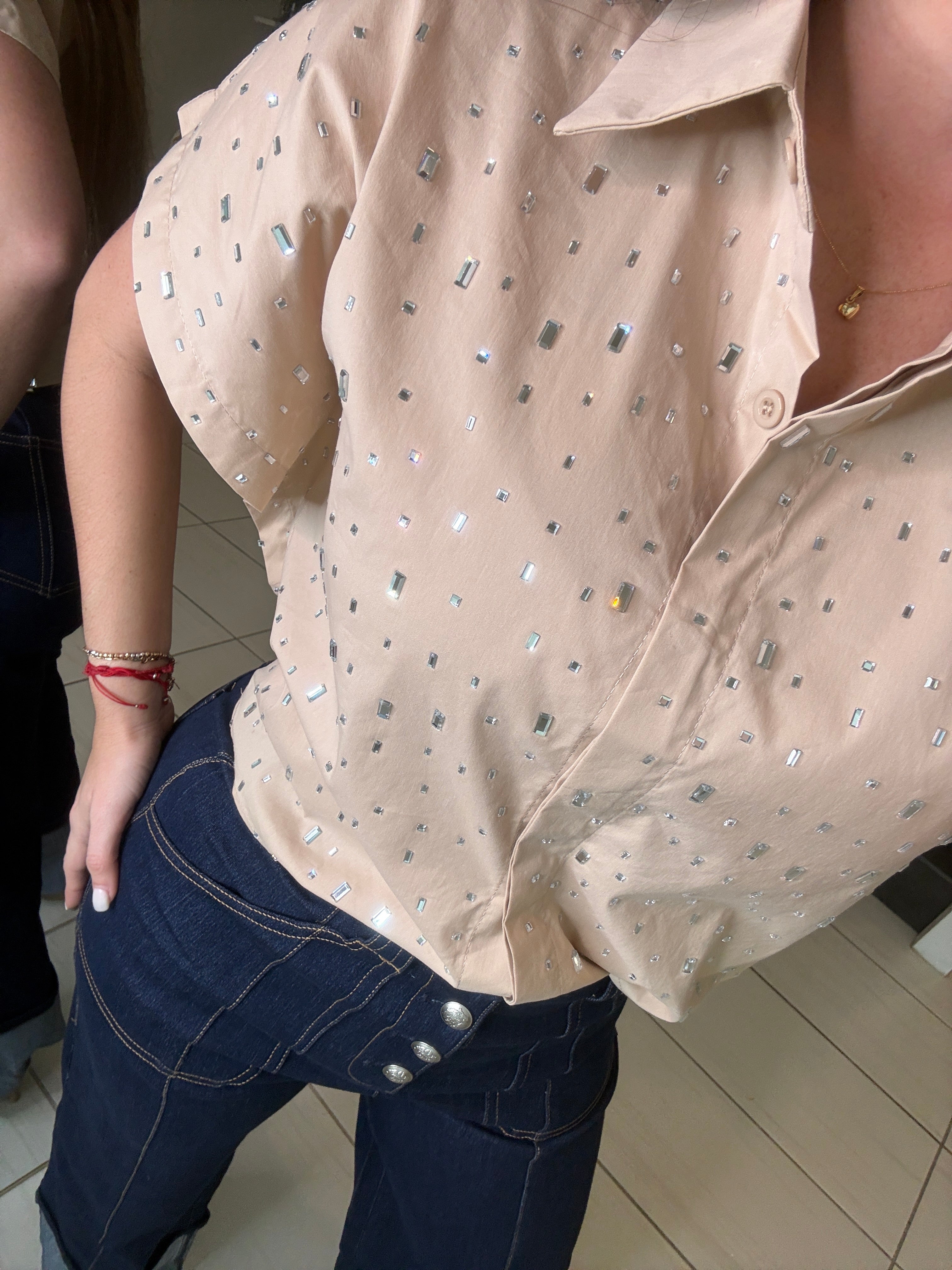 Frame Rhinestone Beige Top