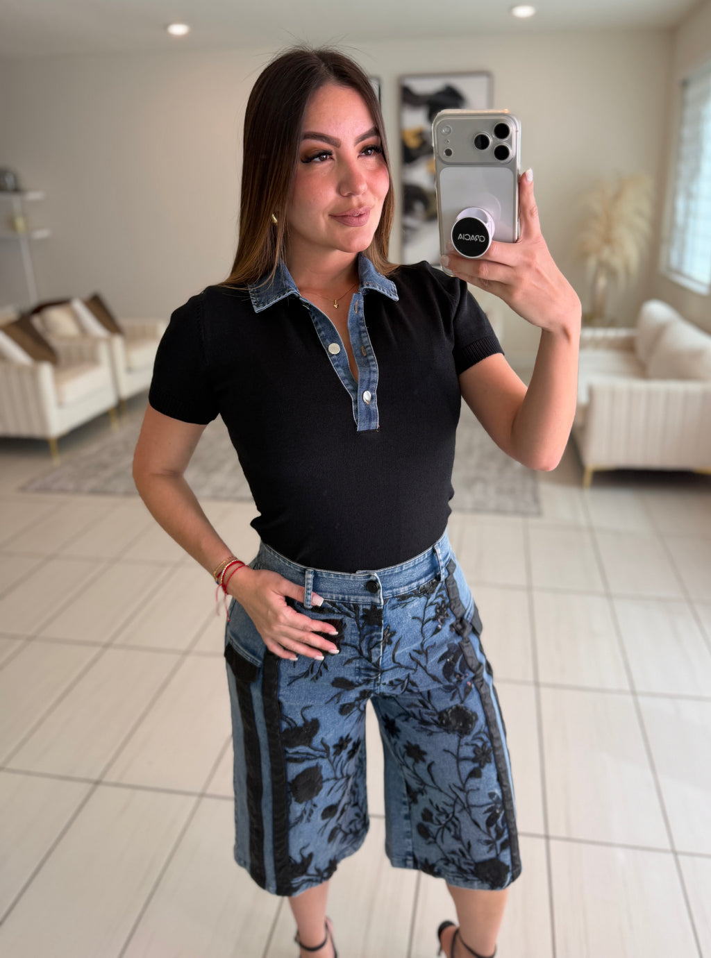 Midnight Bloom Denim Shorts Set