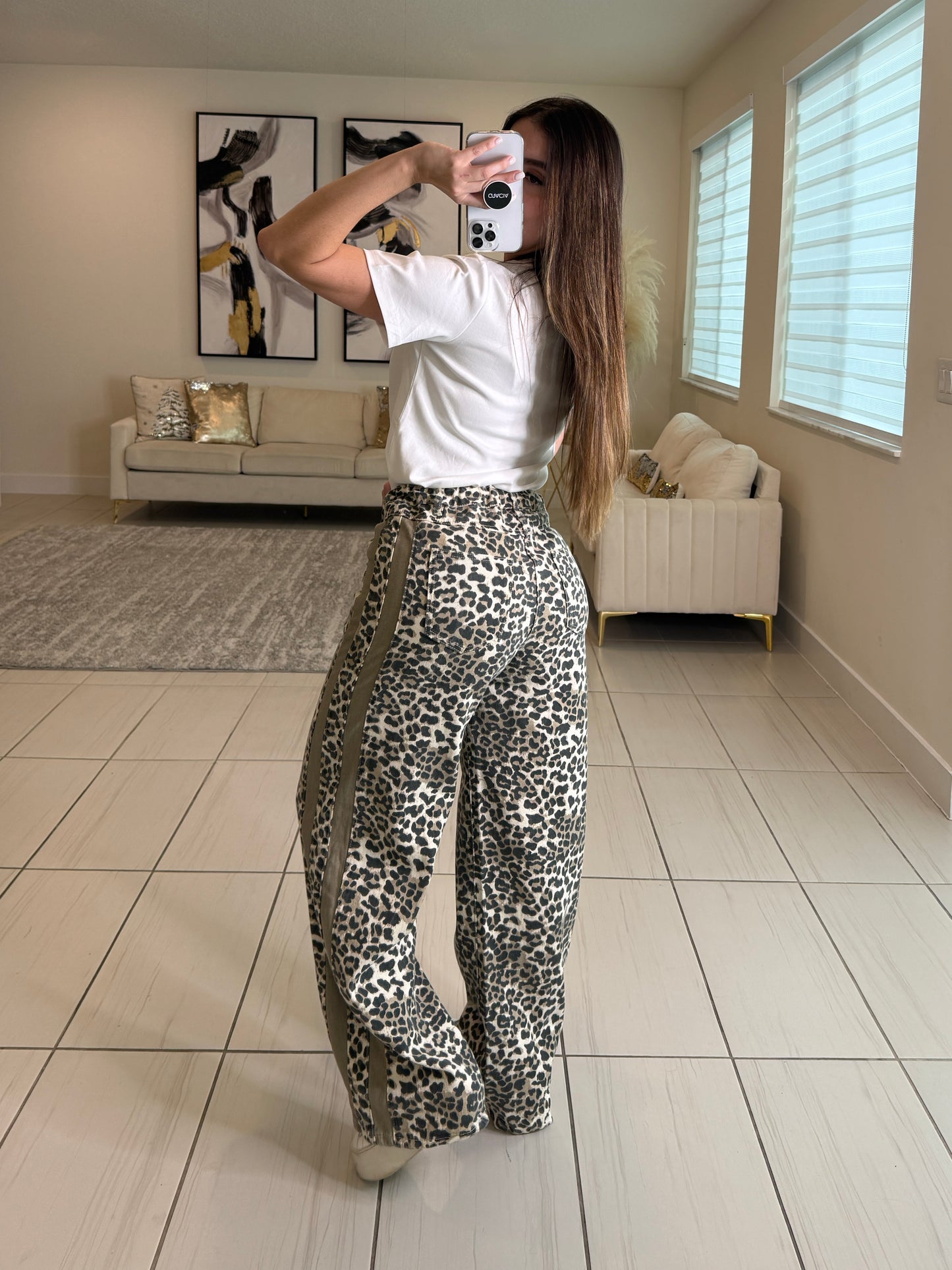 Structured Leopard Denim Pants