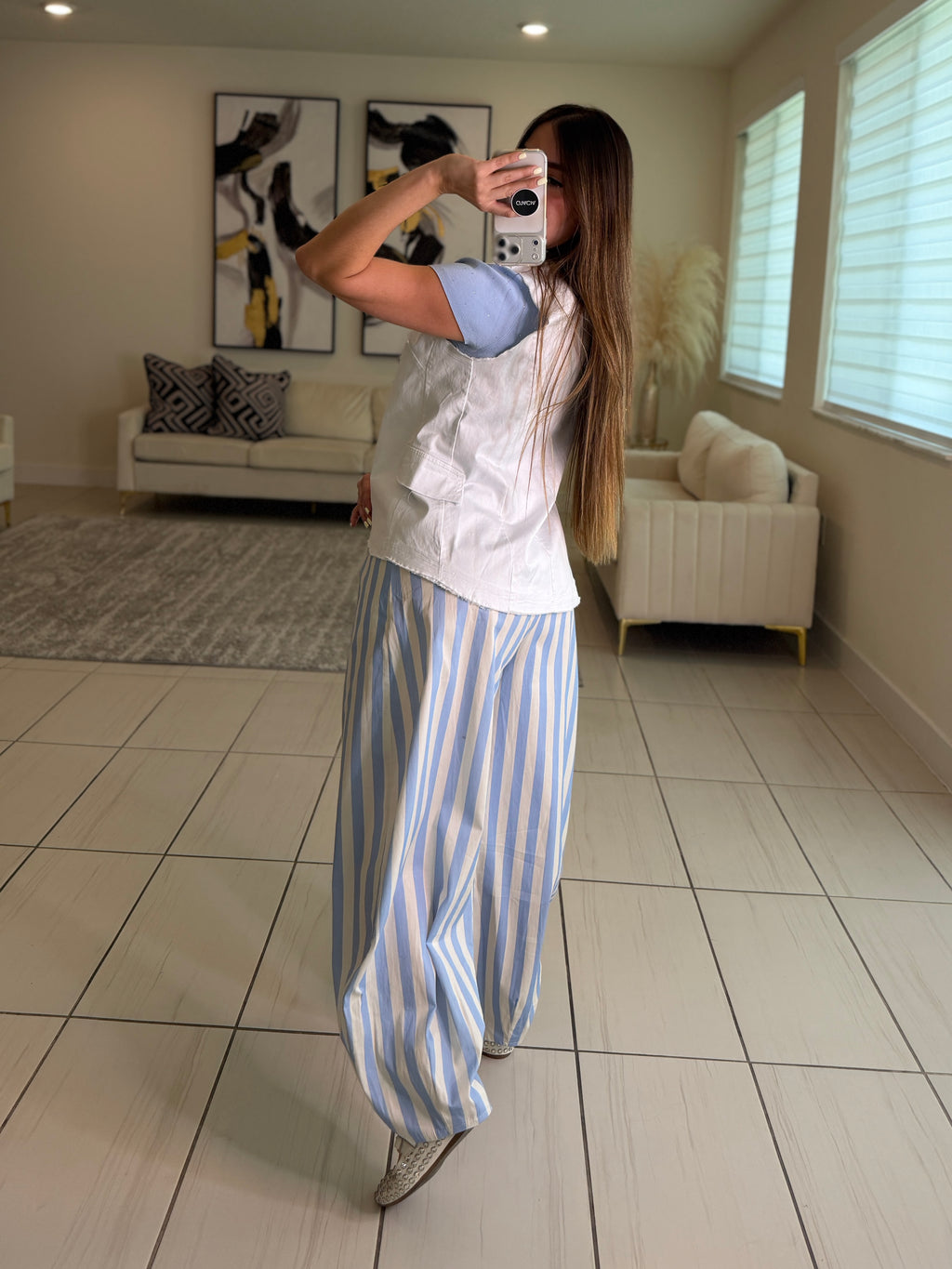 Italian Stripes Light Blue Barrel Pants