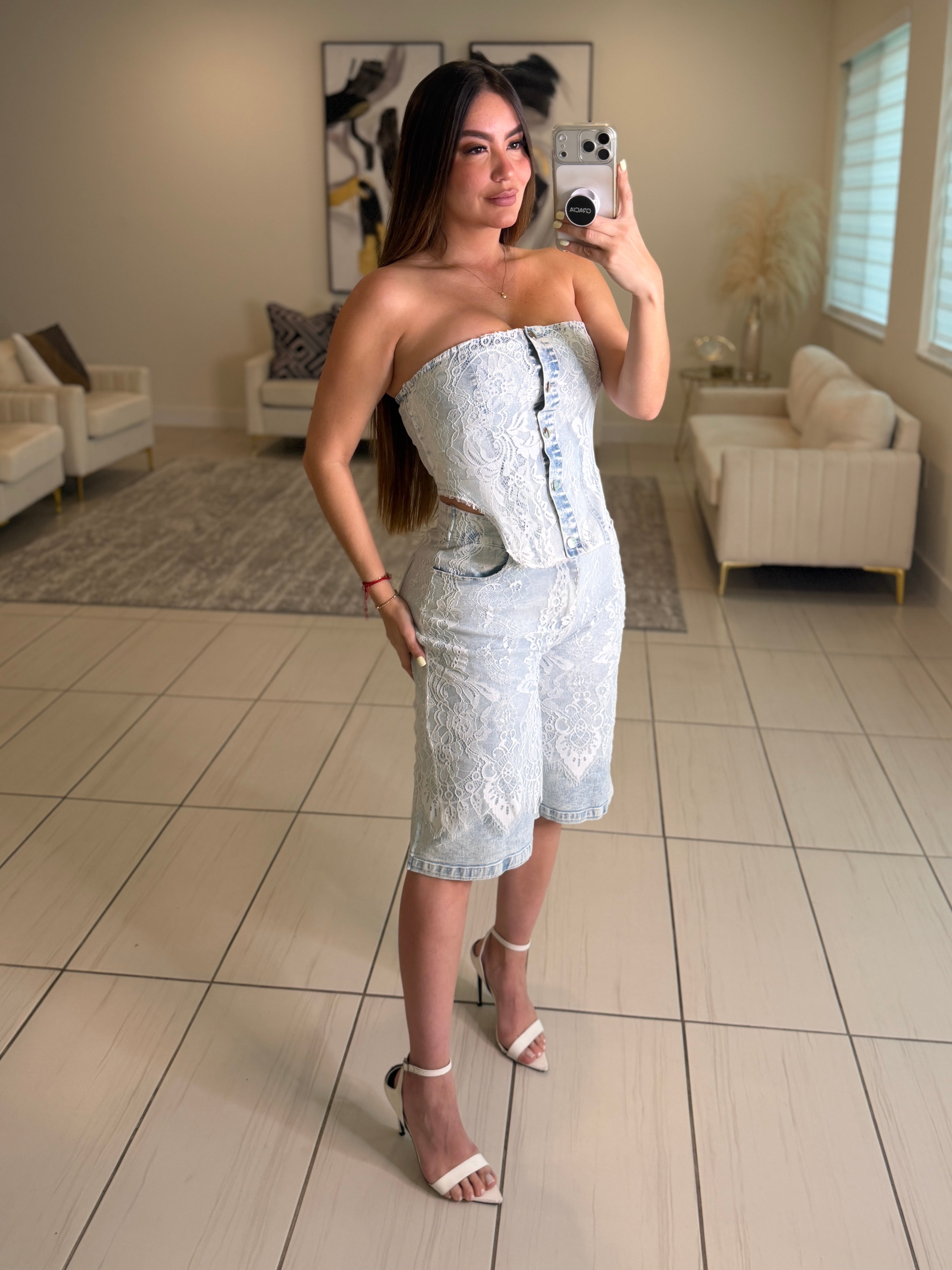 Power Muse Denim Lace Shorts Set