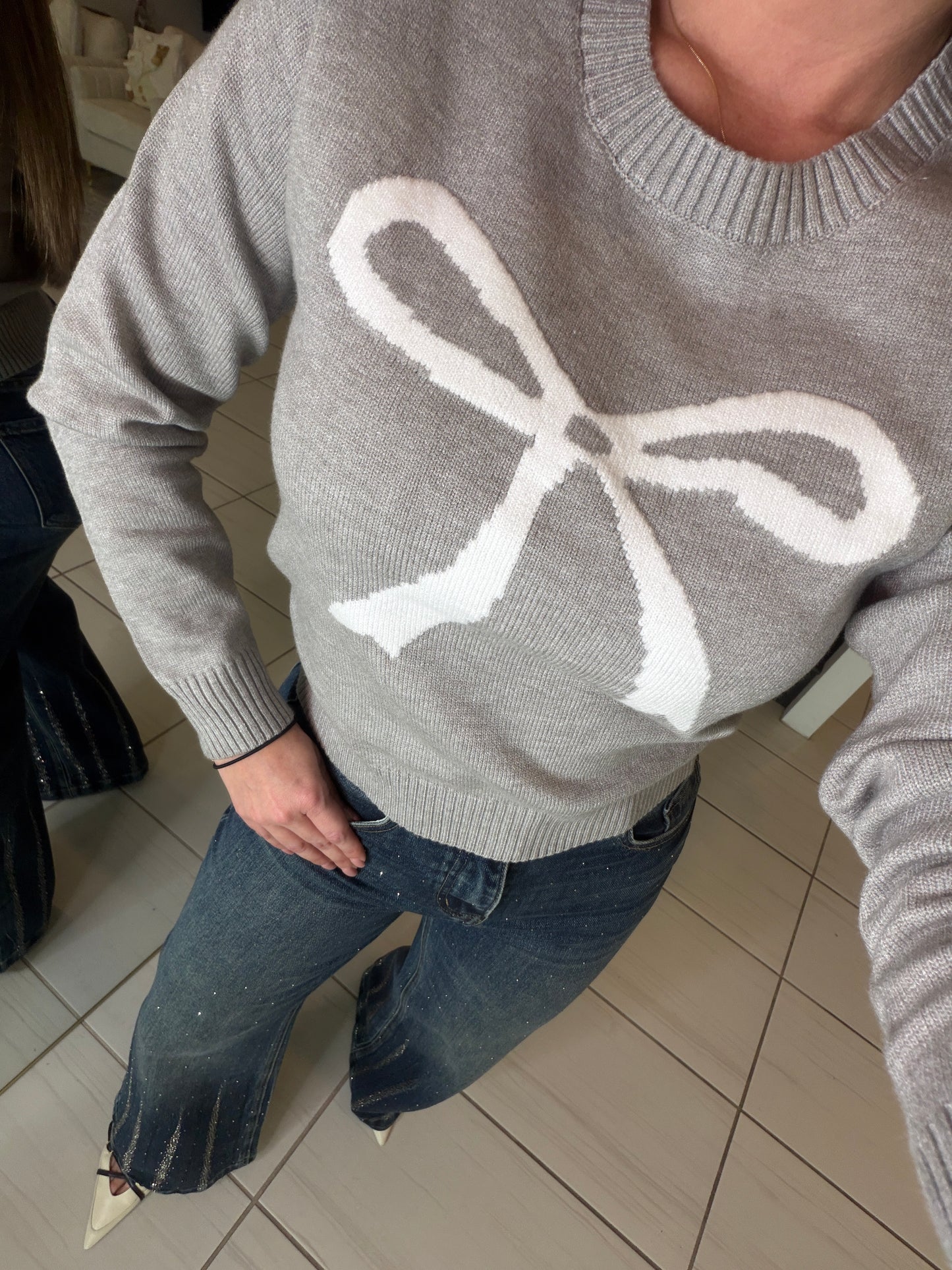 White Bow Grey Knit Sweater