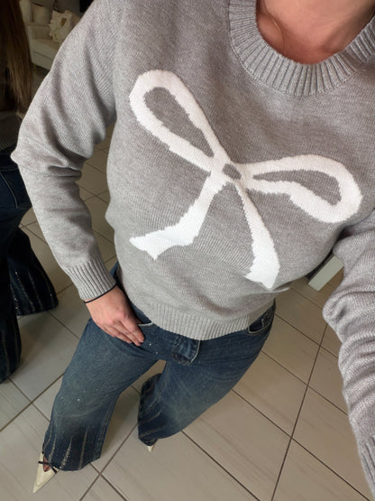 White Bow Grey Knit Sweater