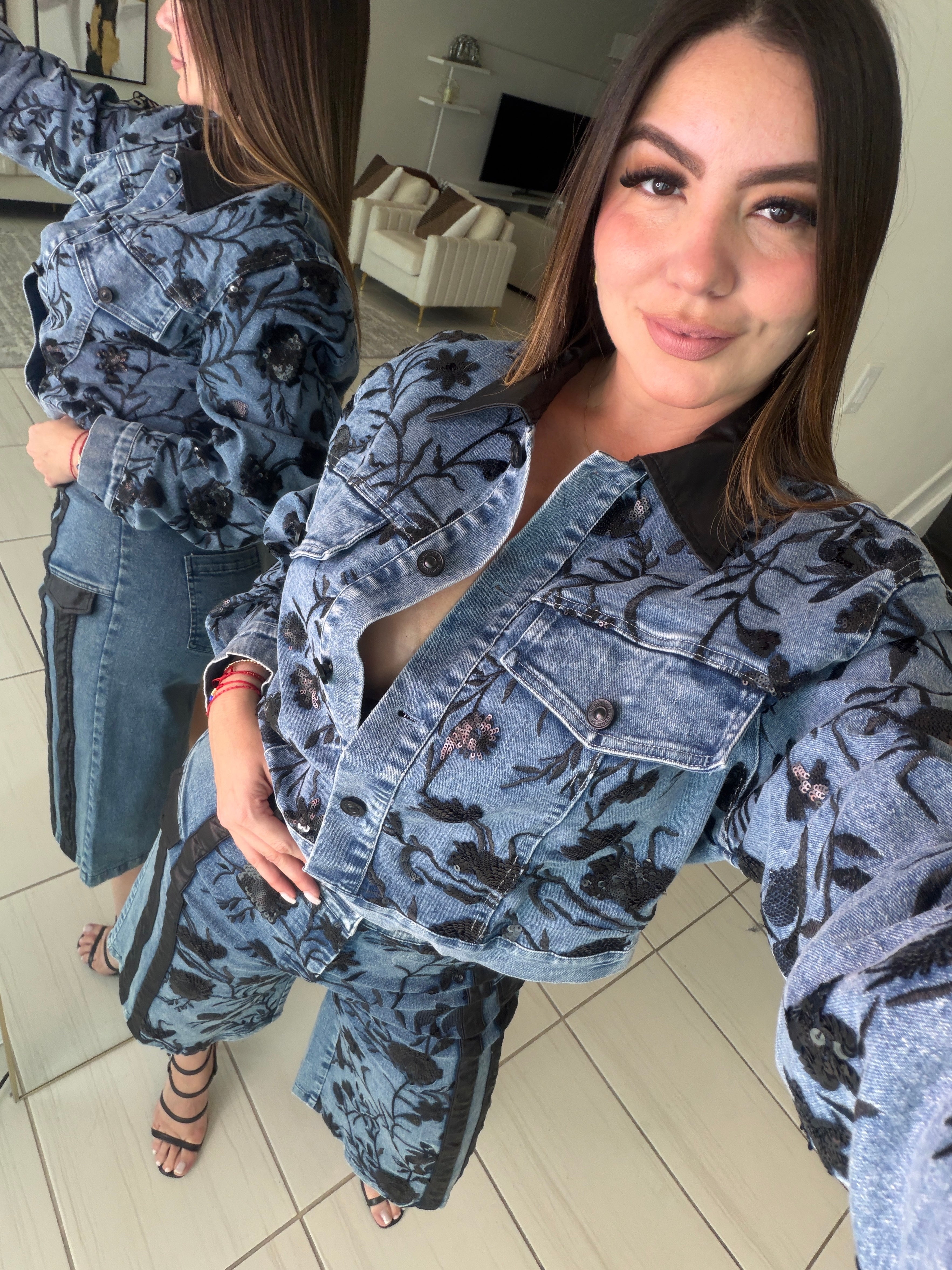 Midnight Bloom Denim Shorts Set