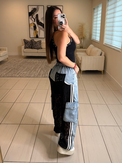 Glam Lace Black Denim Pants