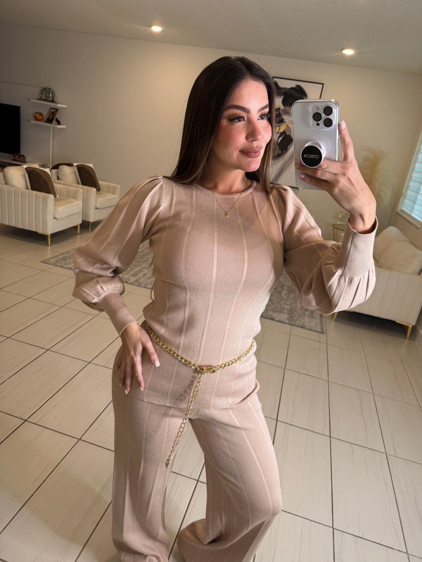 Checkmate Knit Beige Pant Set