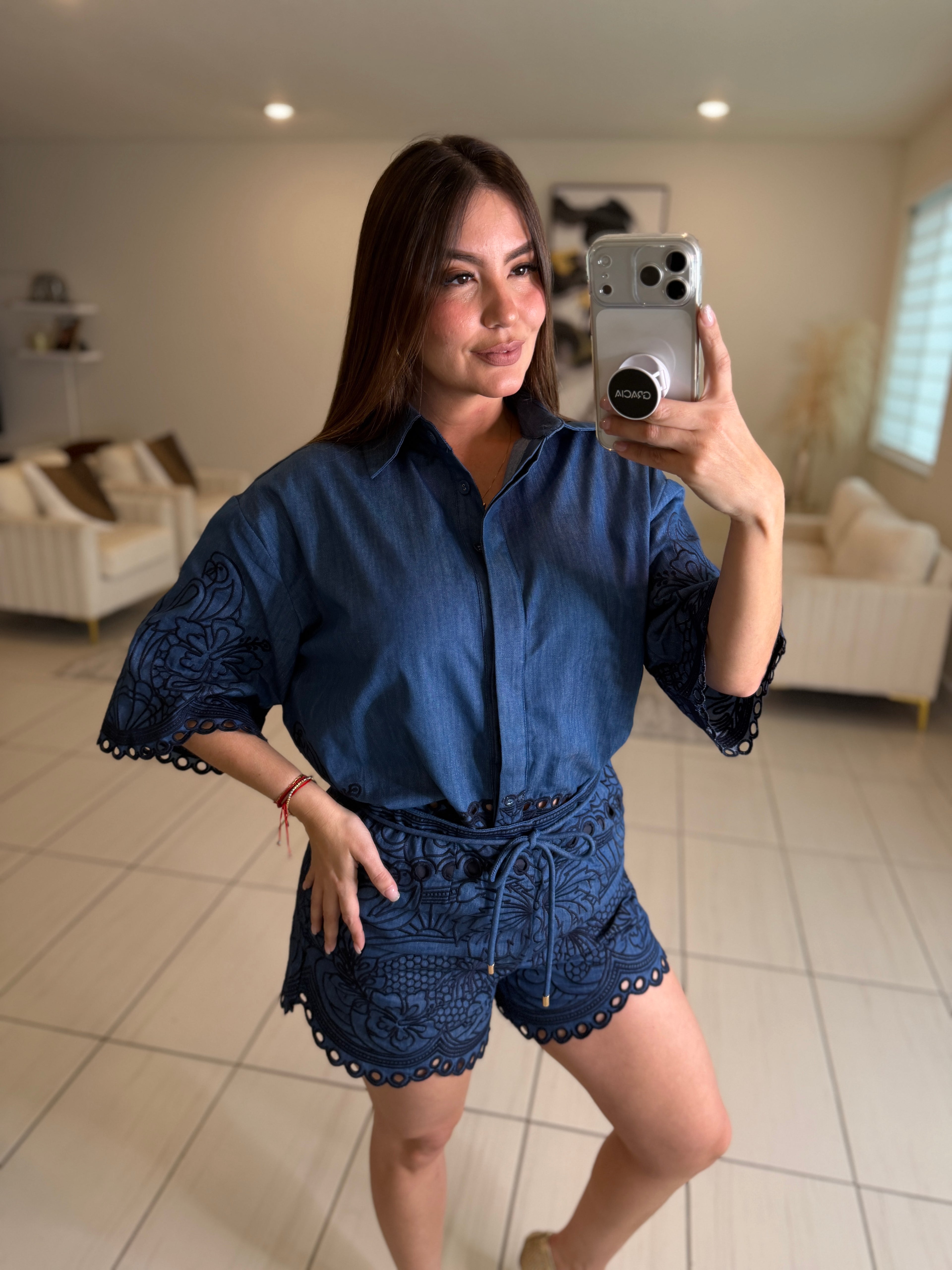 Paradise Embroidered Denim Short Set