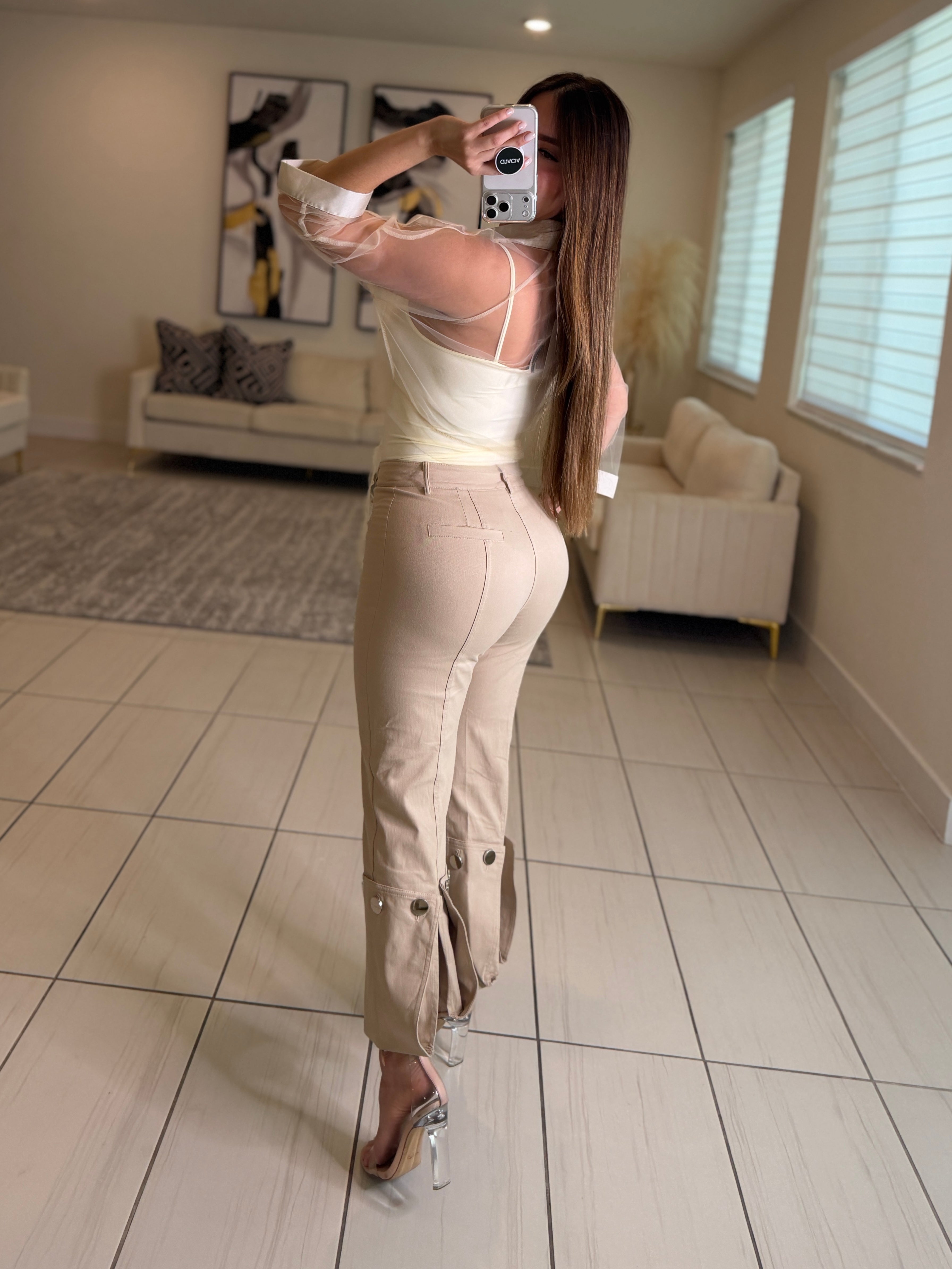 Stunning Silver Buttons Beige Pants