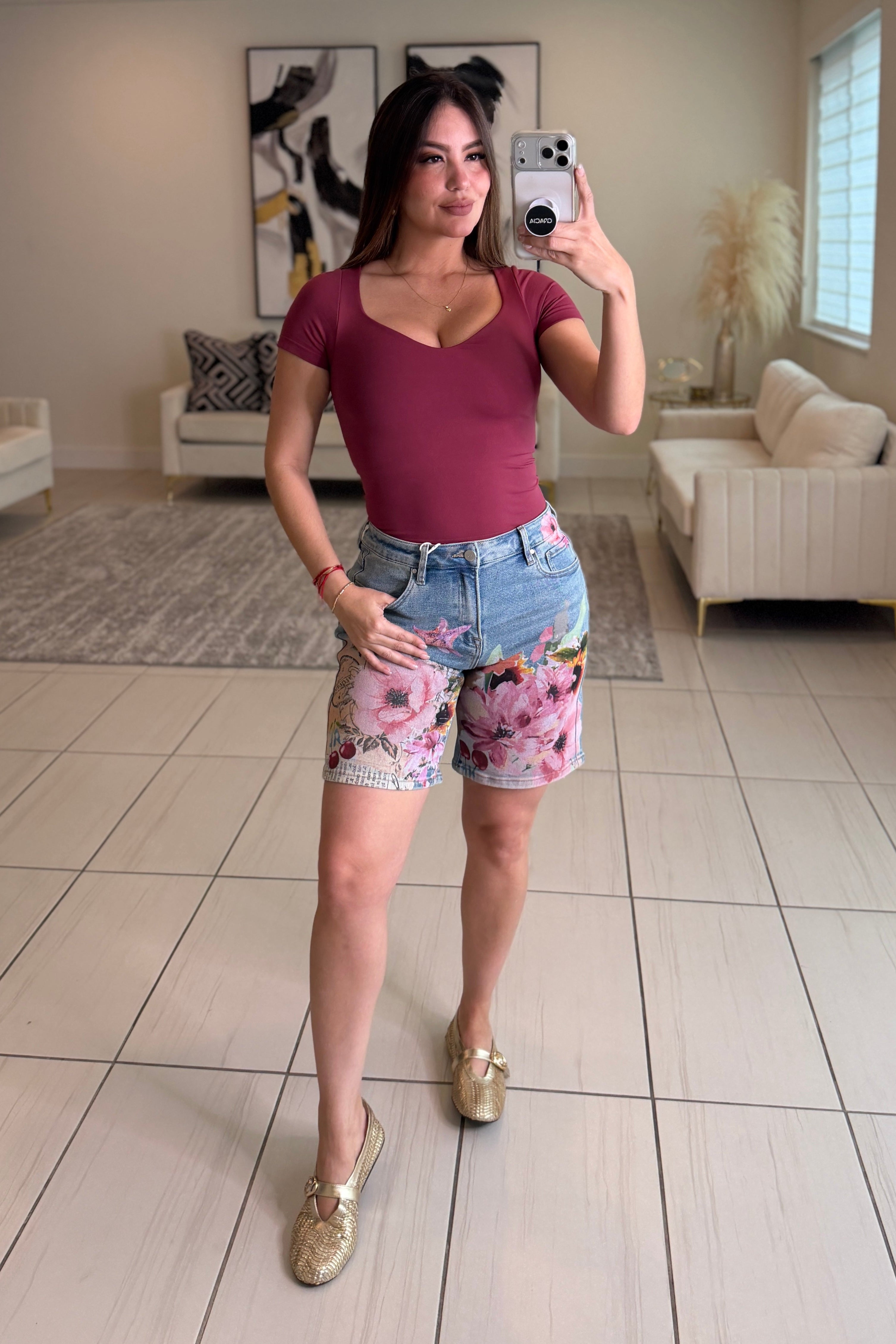 Flowers and Cherries Denim Bermuda Short