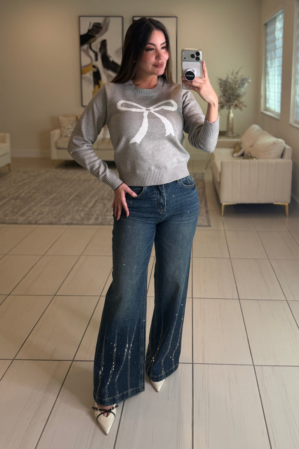 White Bow Grey Knit Sweater