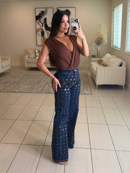 Bronze Shiny Polka Dots Denim Pants