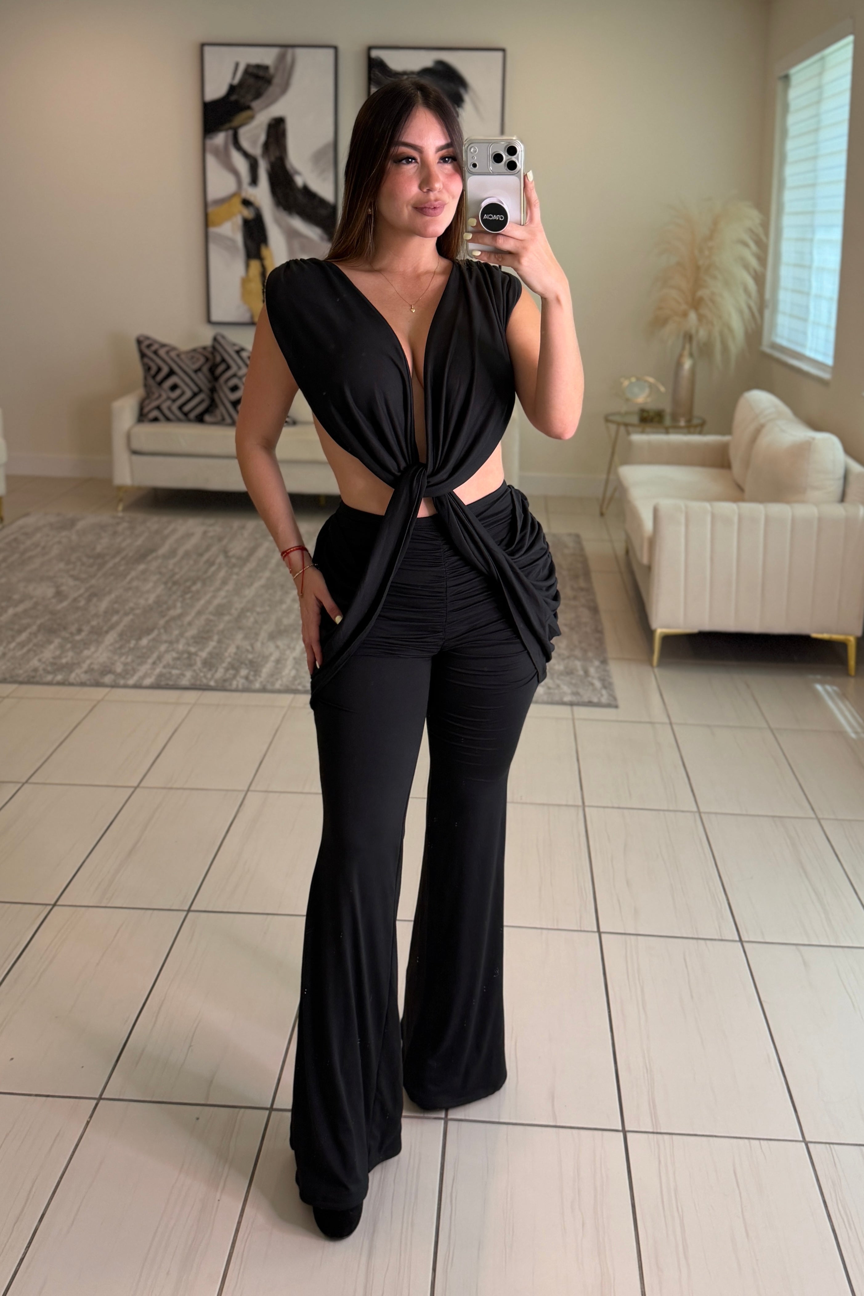 Crowned Desire Ruched Black Jumpsuit