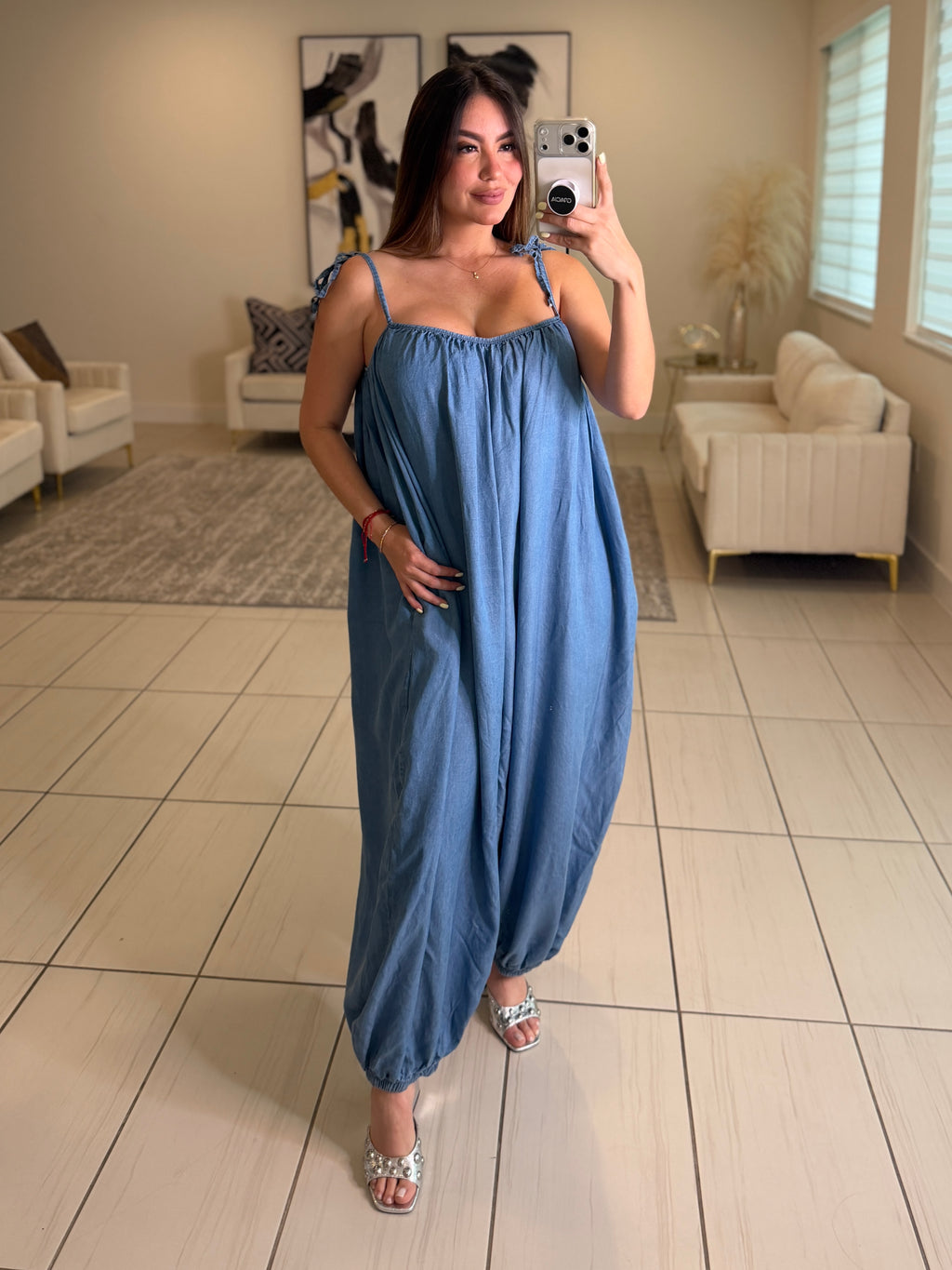 Effortless Essence Ruched Light Denim Jumpsuit