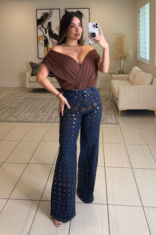 Bronze Shiny Polka Dots Denim Pants