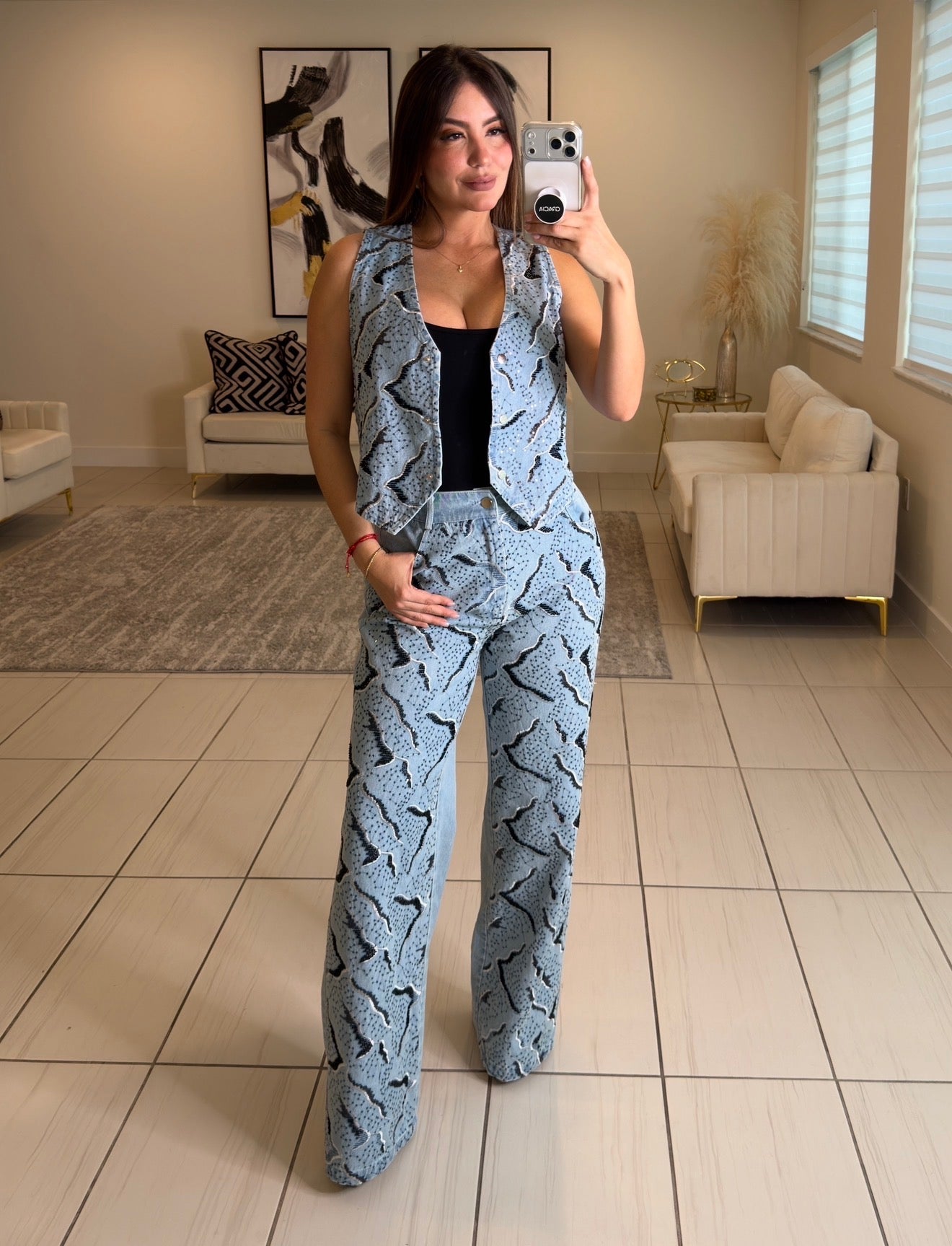 Perfect Sequin Details Denim Pant Set