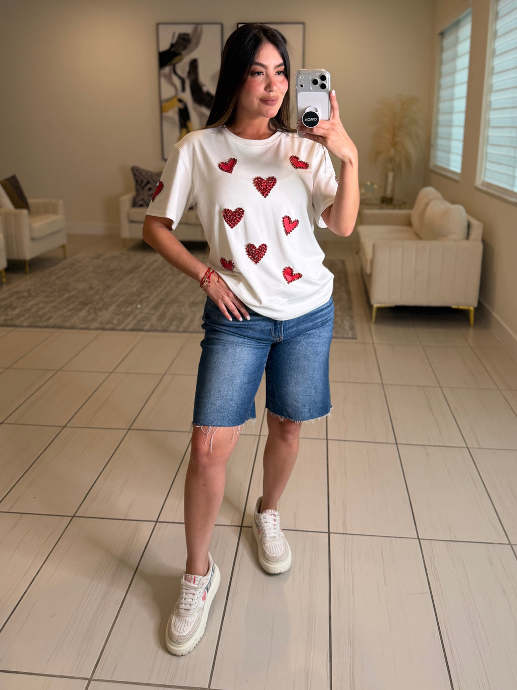 Rhinestones Hearts White Tshirt