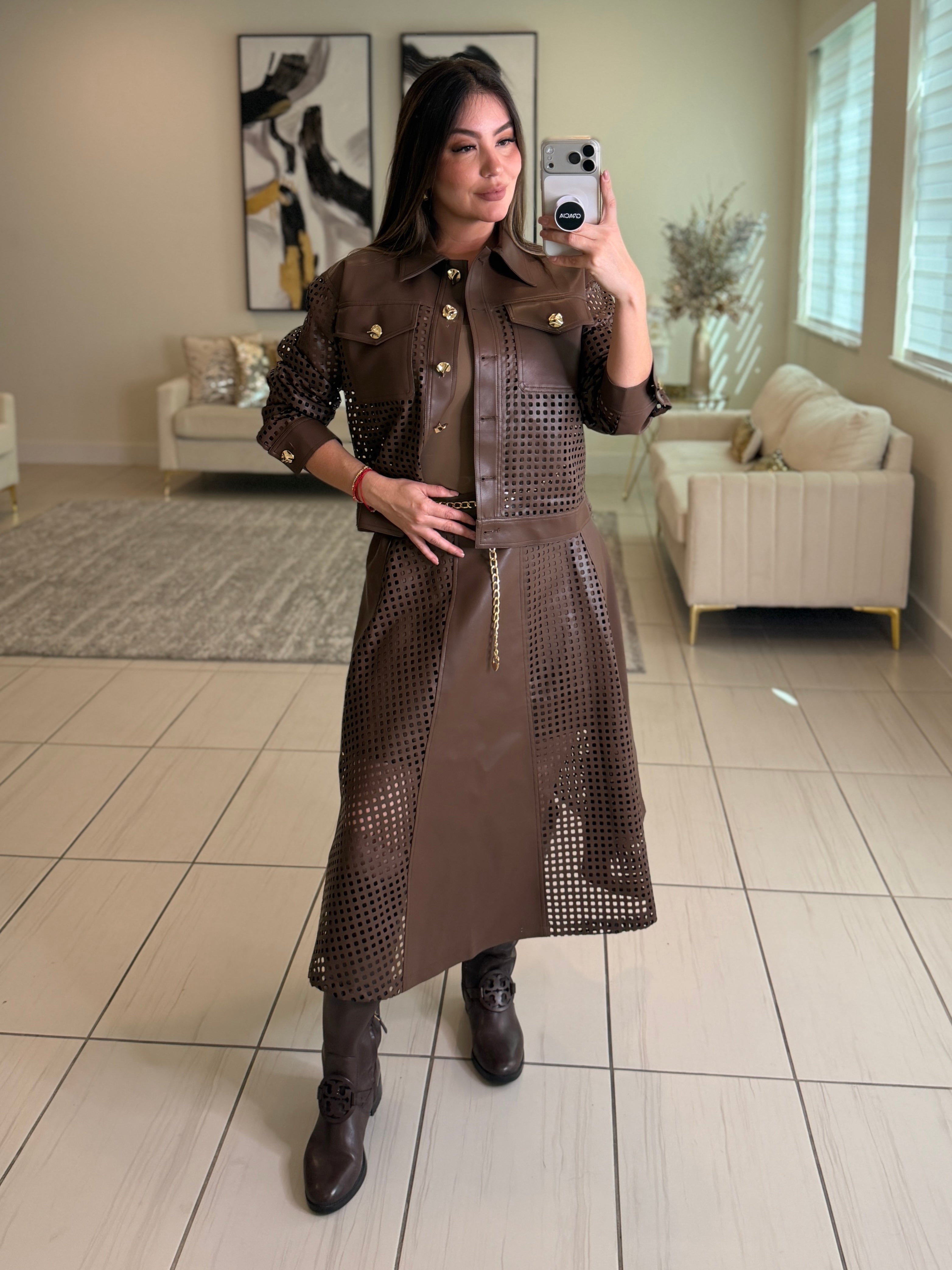 Luxe Faux Leather Brown Skirt Set