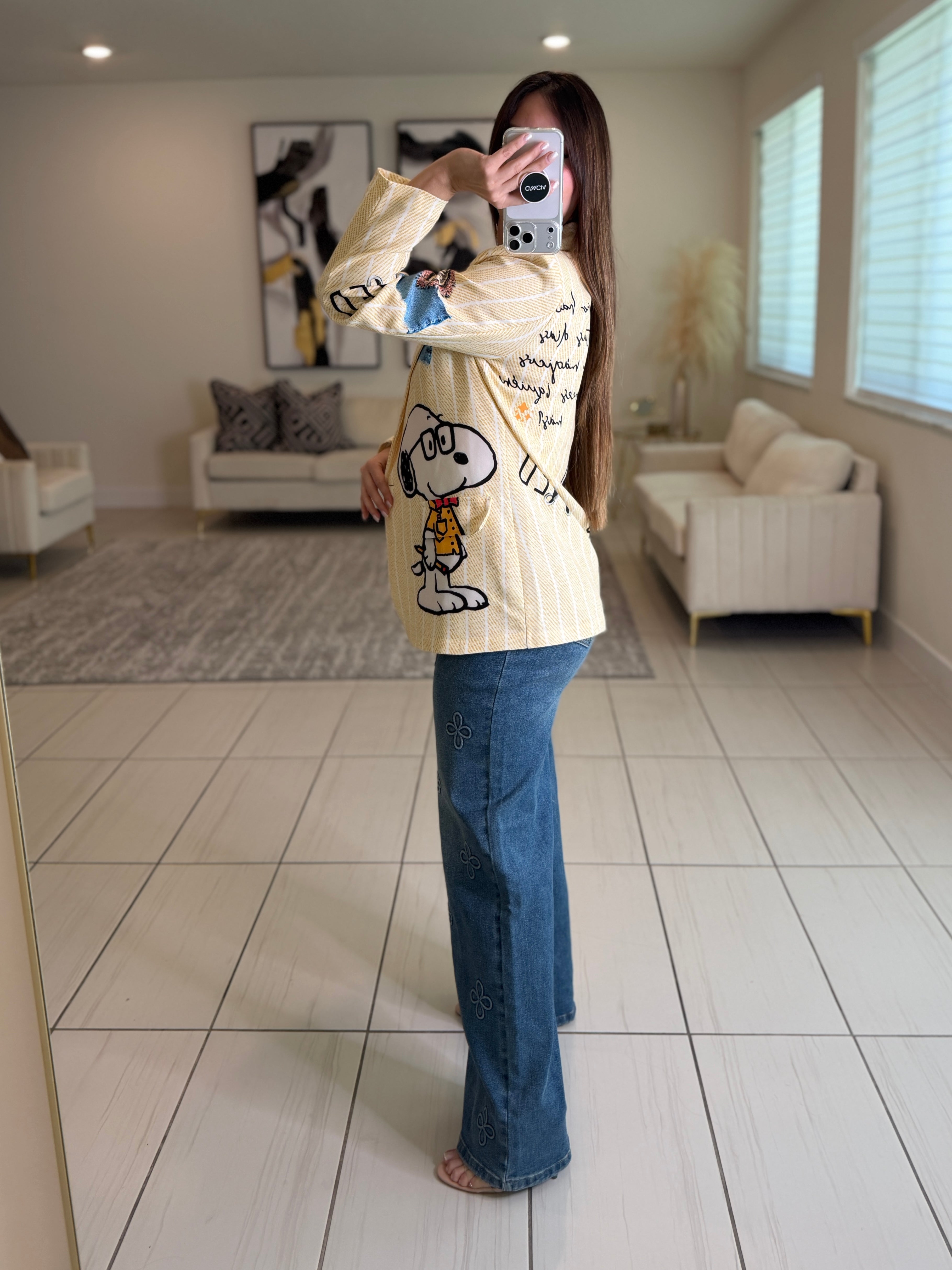 Bloom Effect Floral Blue Denim Pants