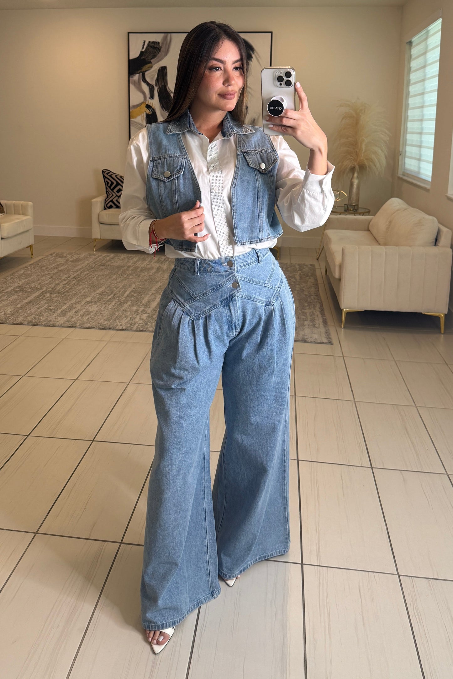 Pintuck Wide Leg Denim Pants