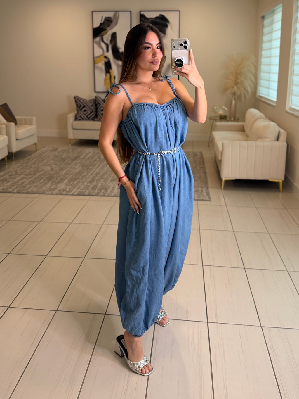 Effortless Essence Ruched Light Denim Jumpsuit