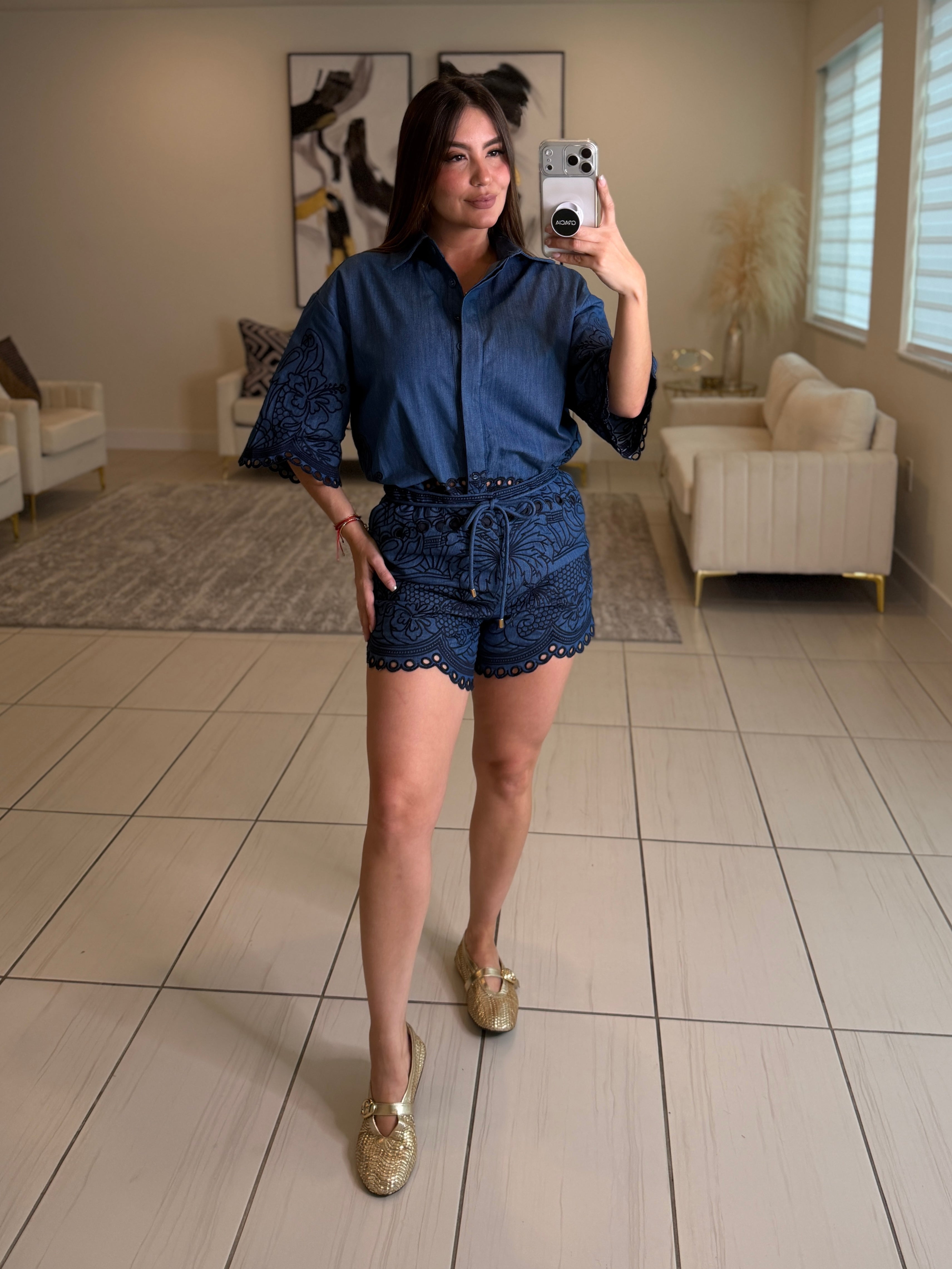 Paradise Embroidered Denim Short Set