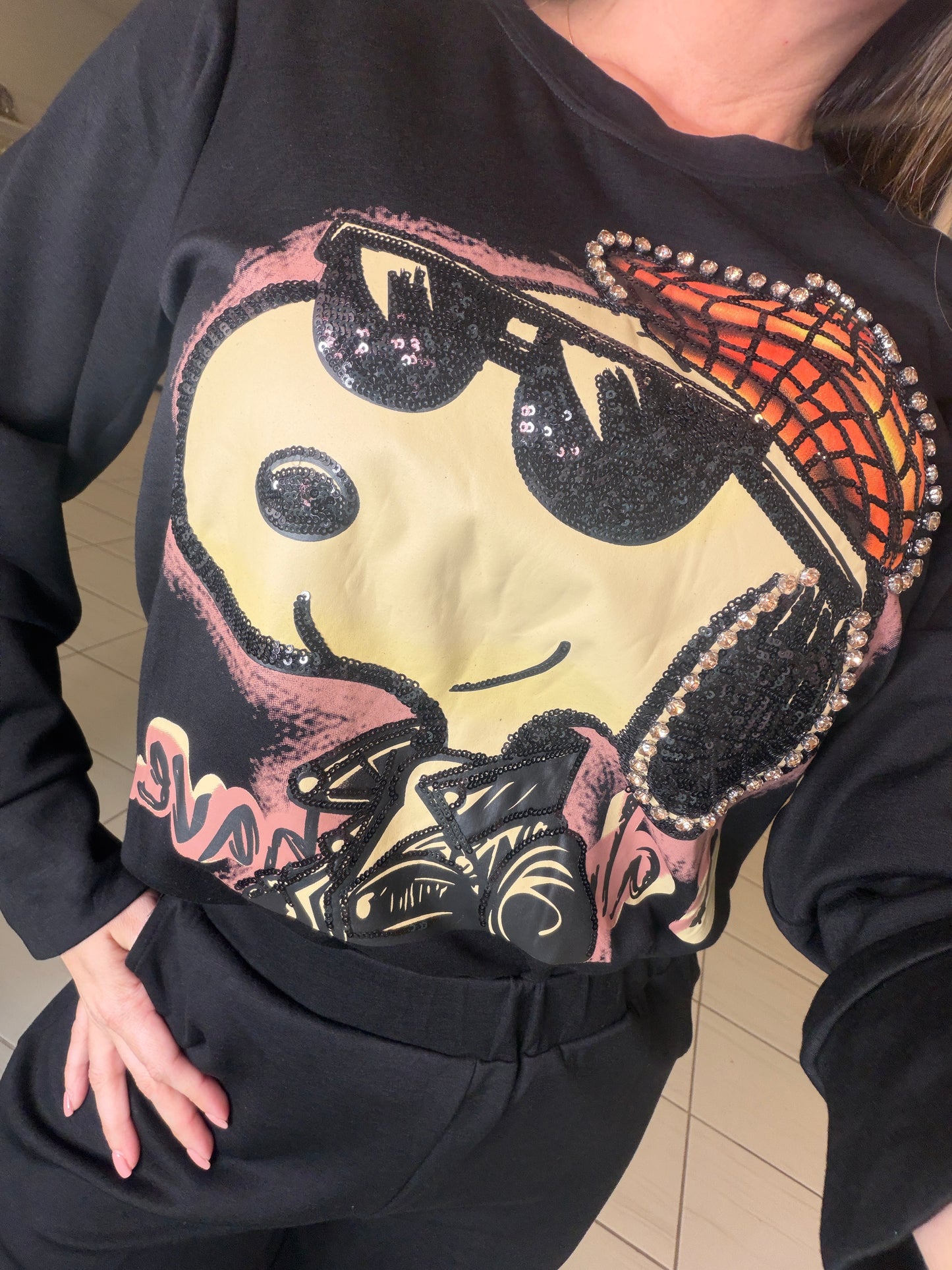 Funny Rhinestones Black Pant Set