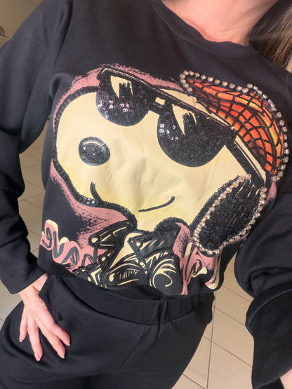 Funny Rhinestones Black Pant Set