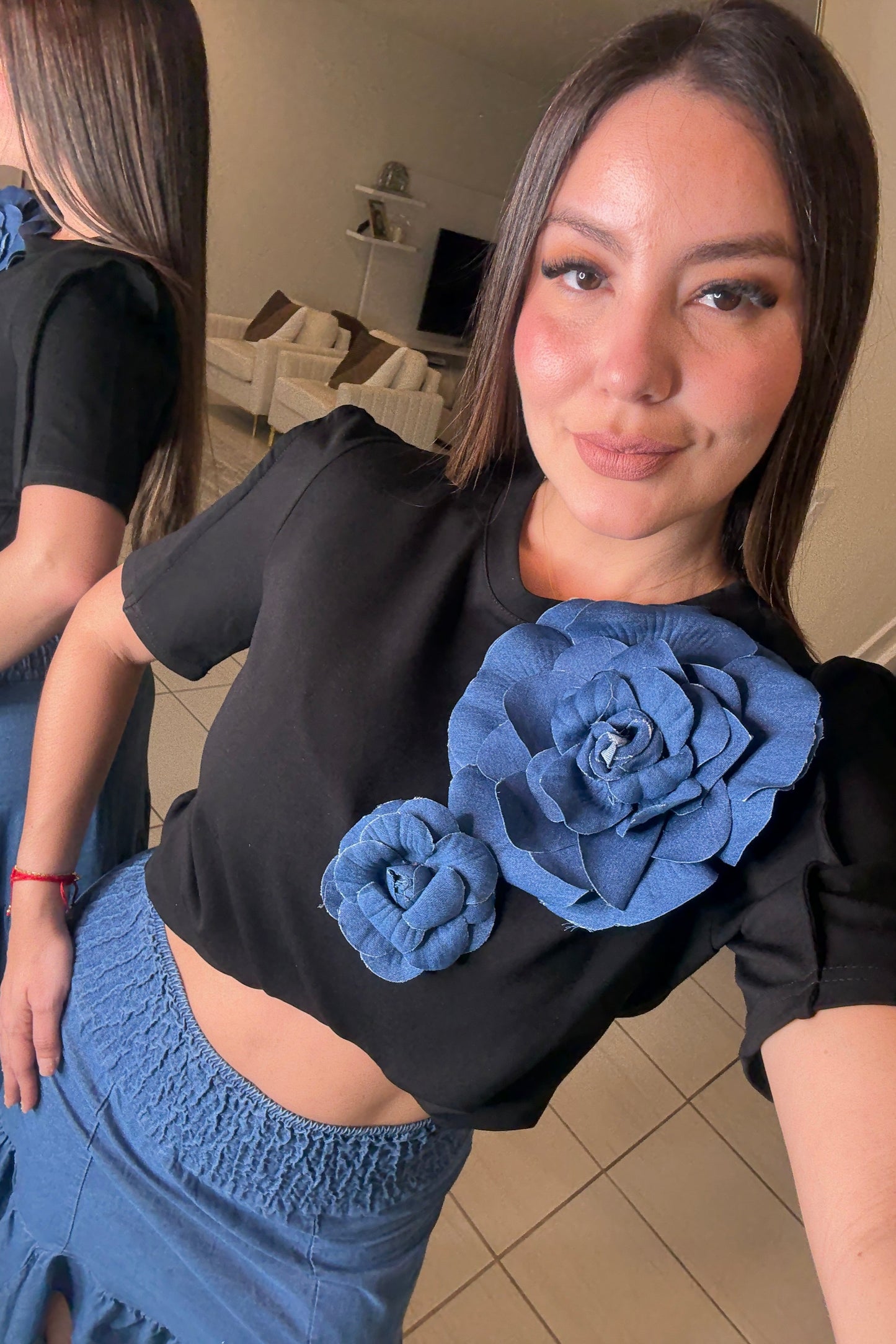 Petal Denim Black Top