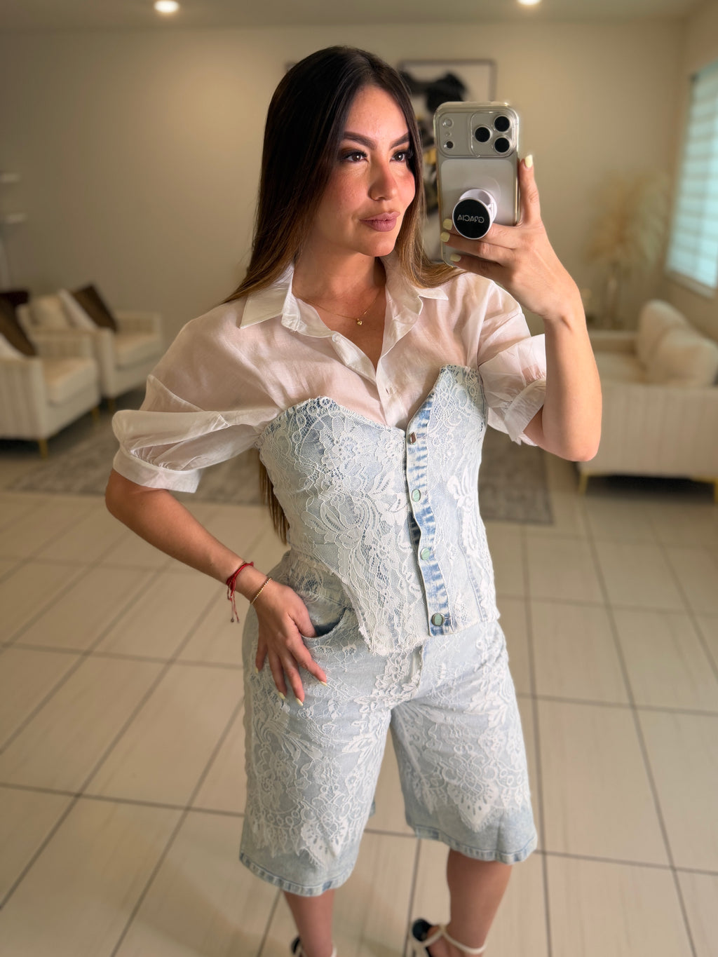 Power Muse Denim Lace Shorts Set