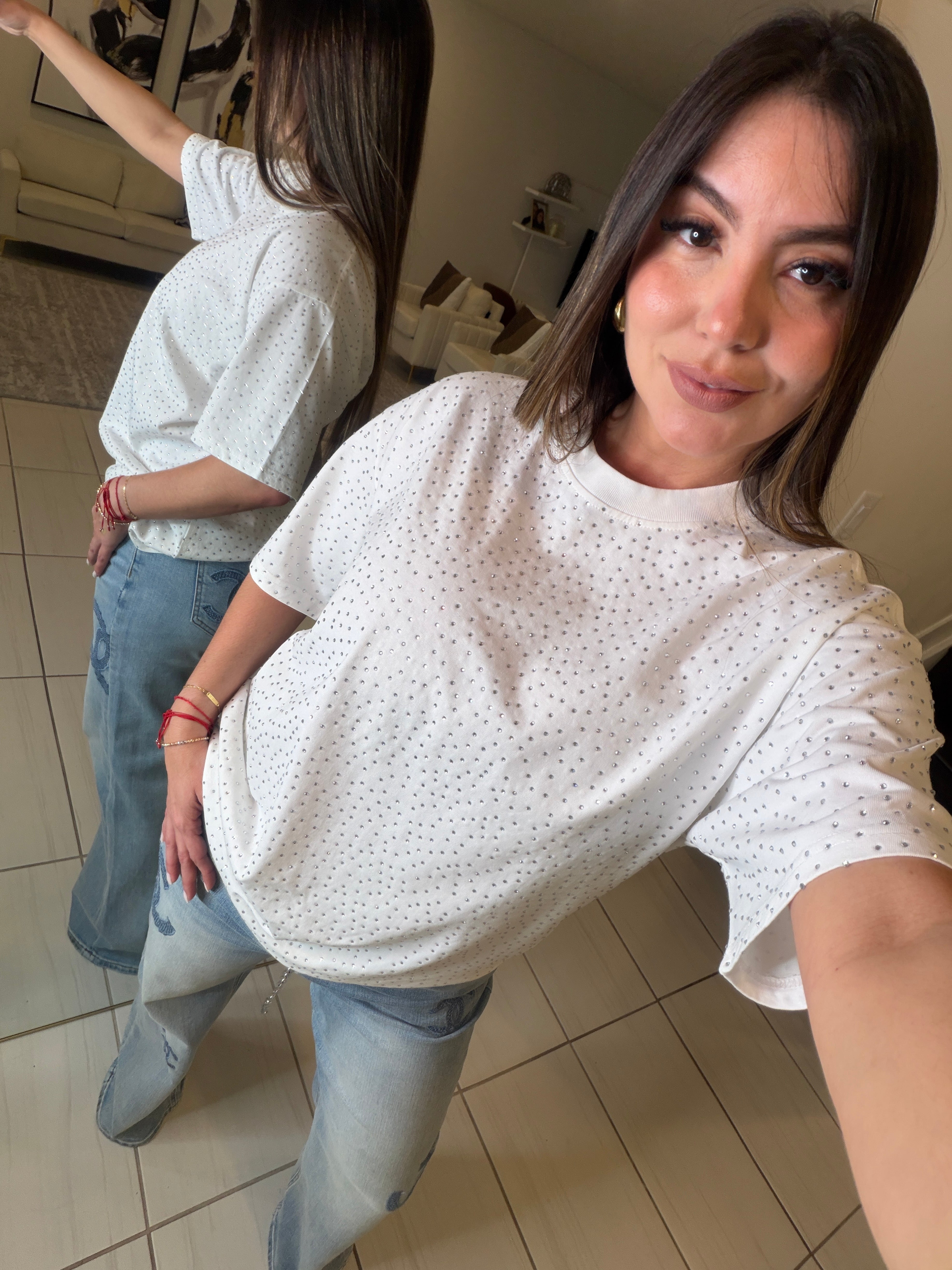 Glow Up Rhinestones White Tshirt