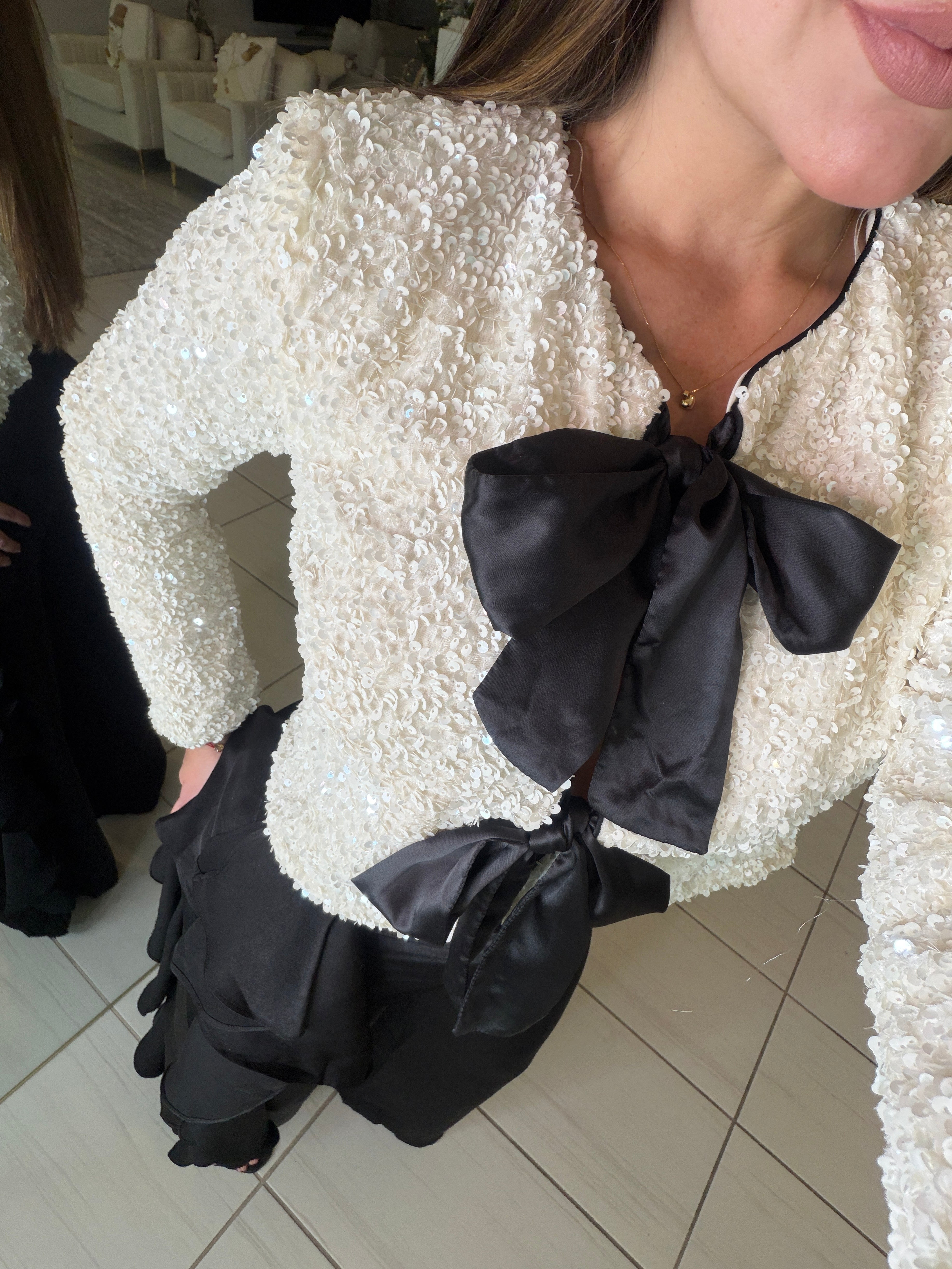 Lustre Bow Sequin White Top