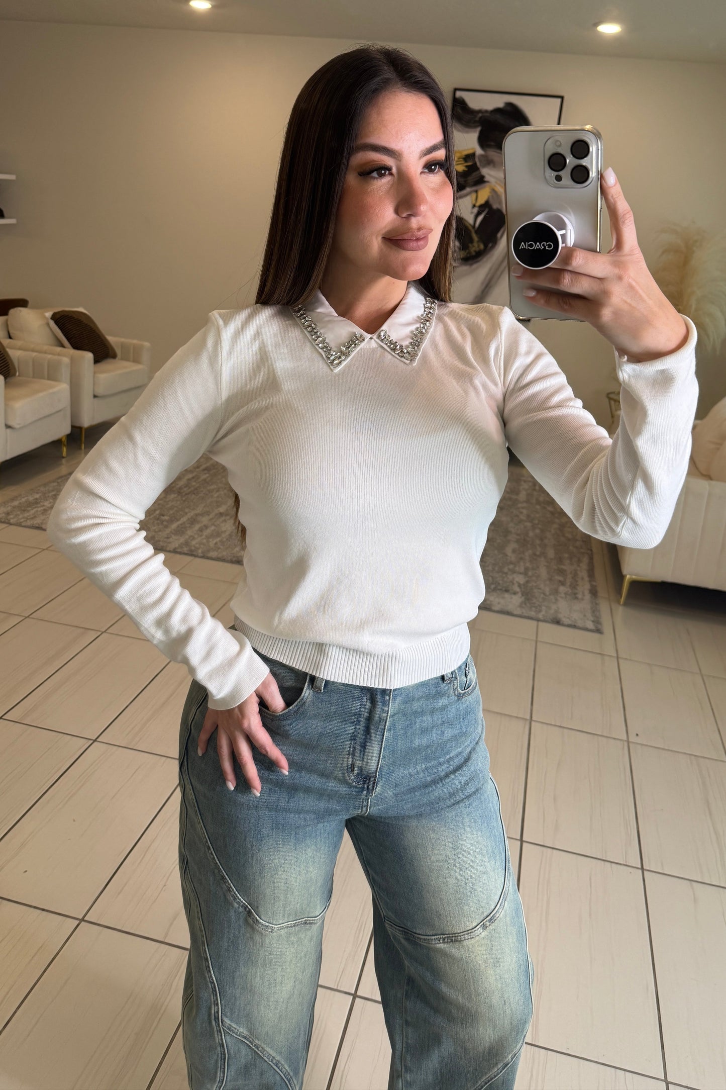 League Charm White Sweater Top