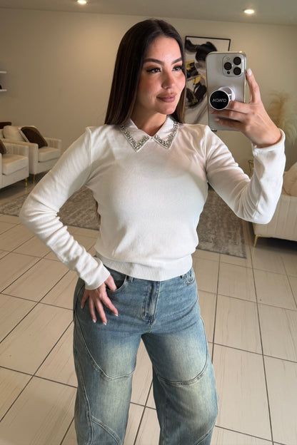 League Charm White Sweater Top