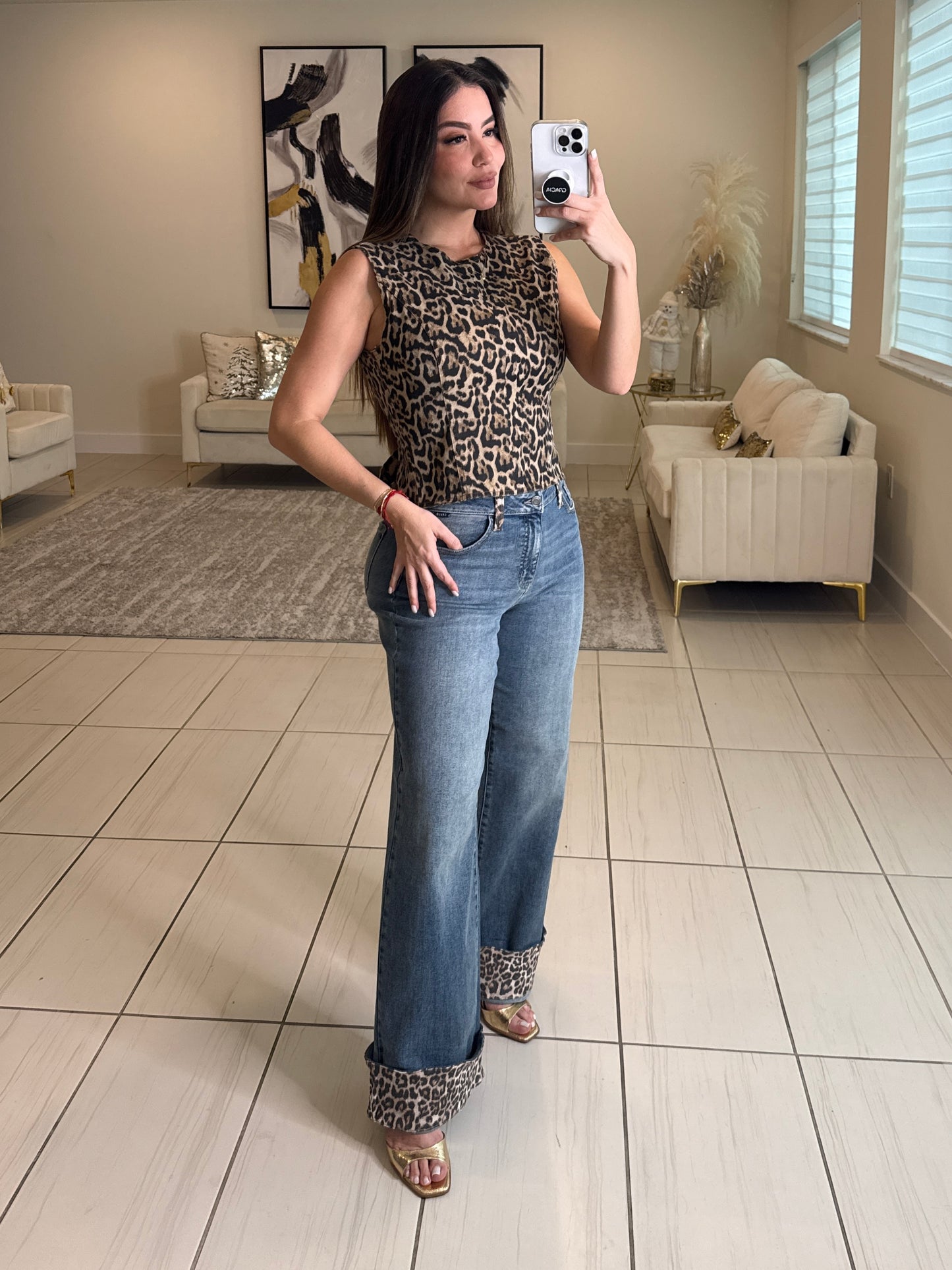 Power Contrast Denim and Leopard Pants