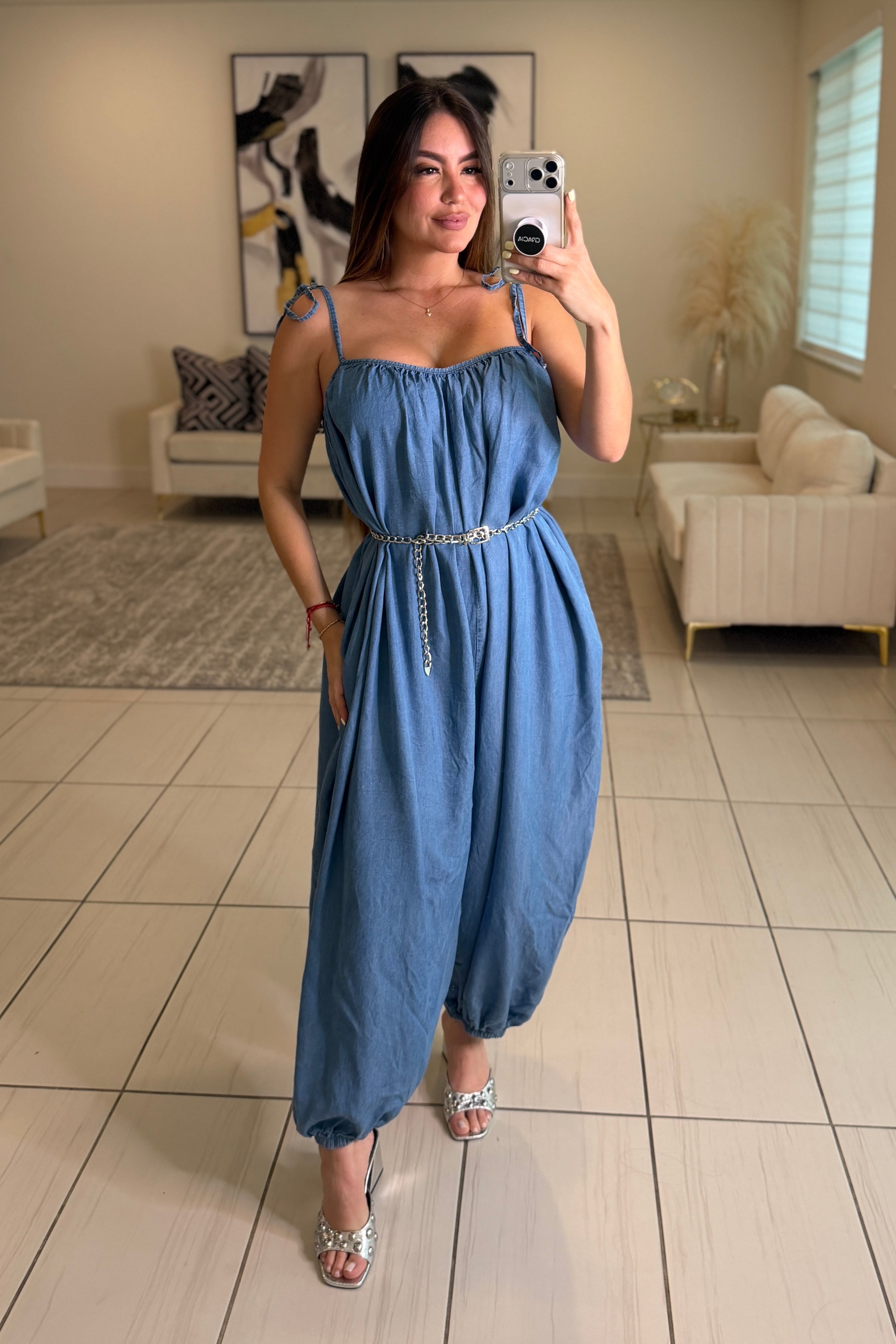 Effortless Essence Ruched Light Denim Jumpsuit