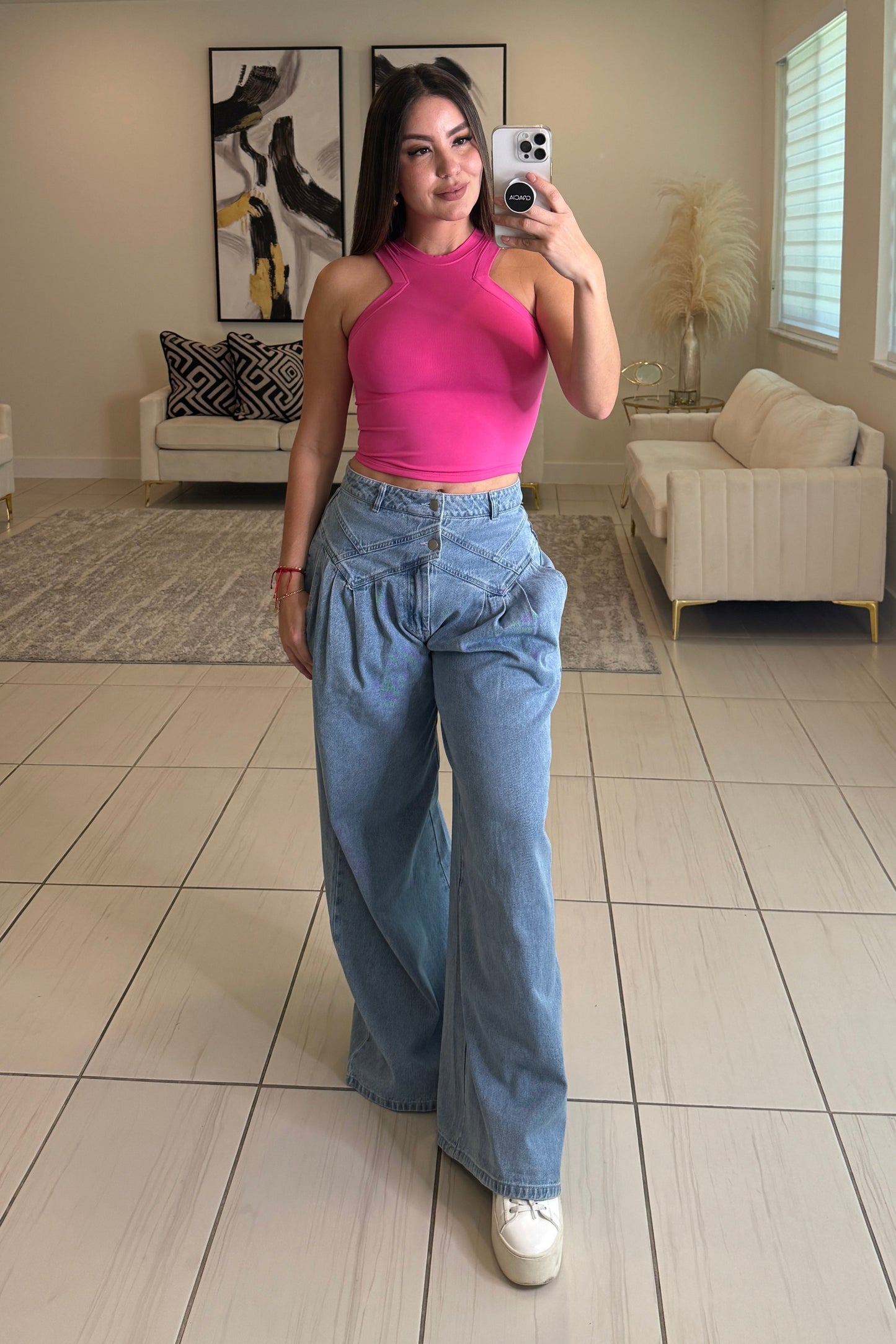 Pintuck Wide Leg Denim Pants