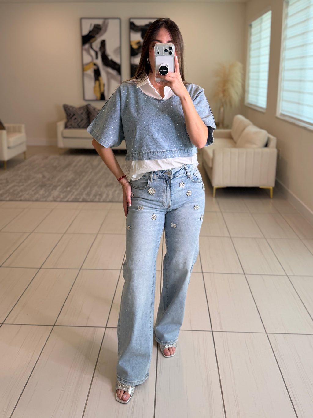 Sparkling Stones Flowers Denim Pants