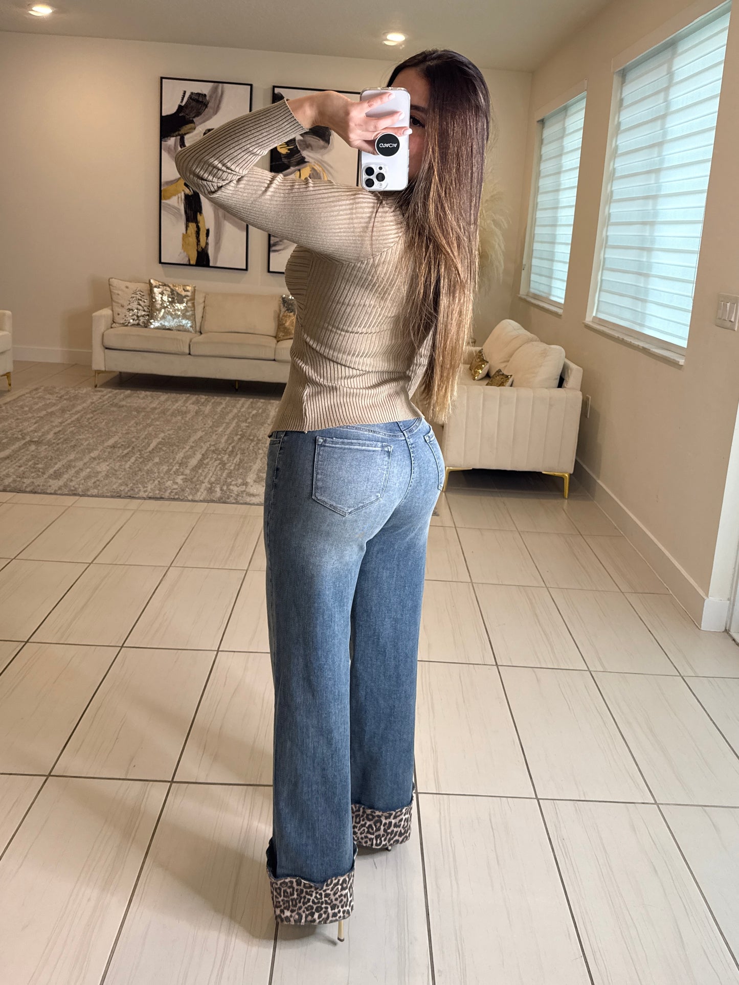 Power Contrast Denim and Leopard Pants