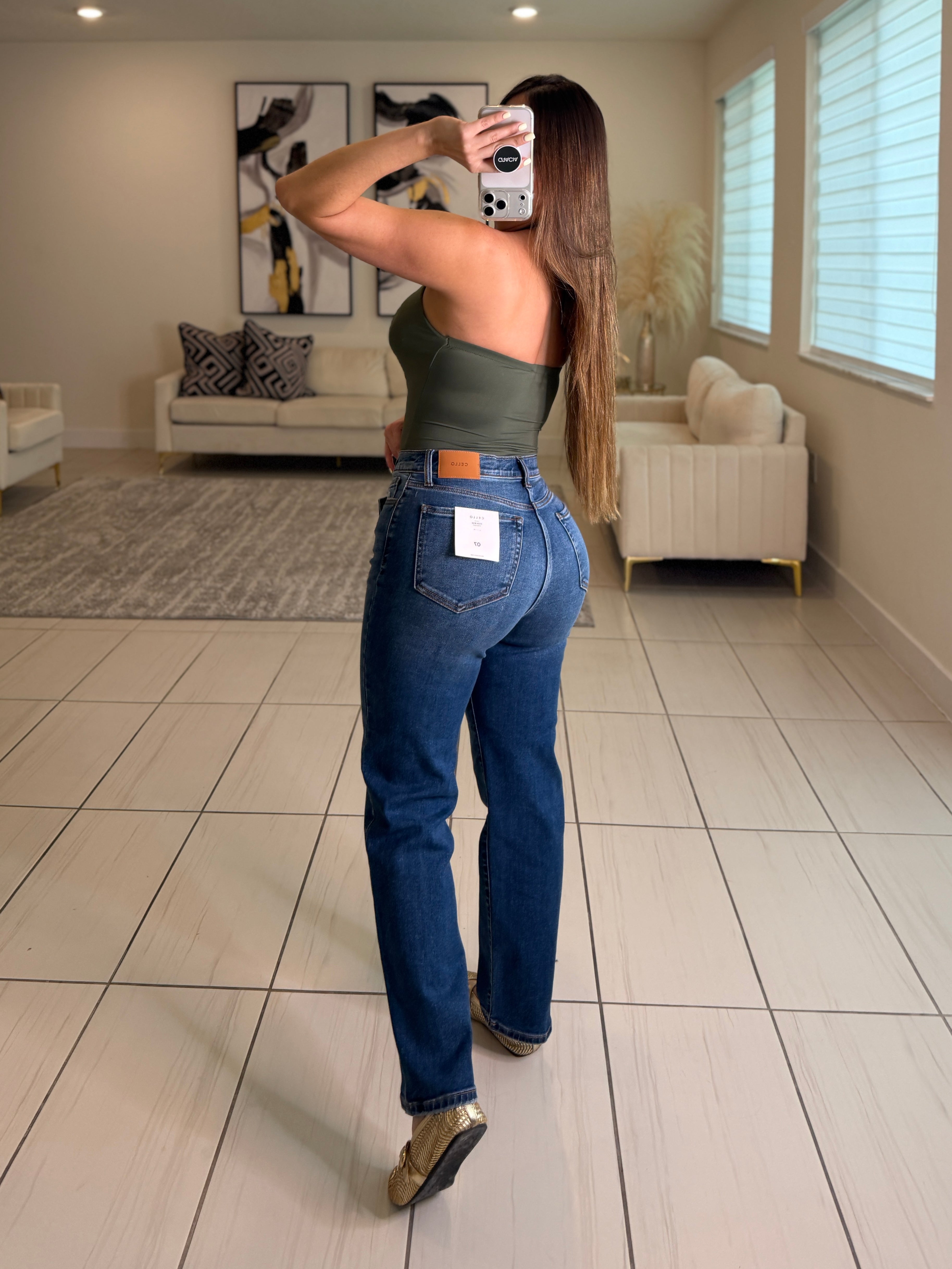 Cross Belt Straight Denim Pants