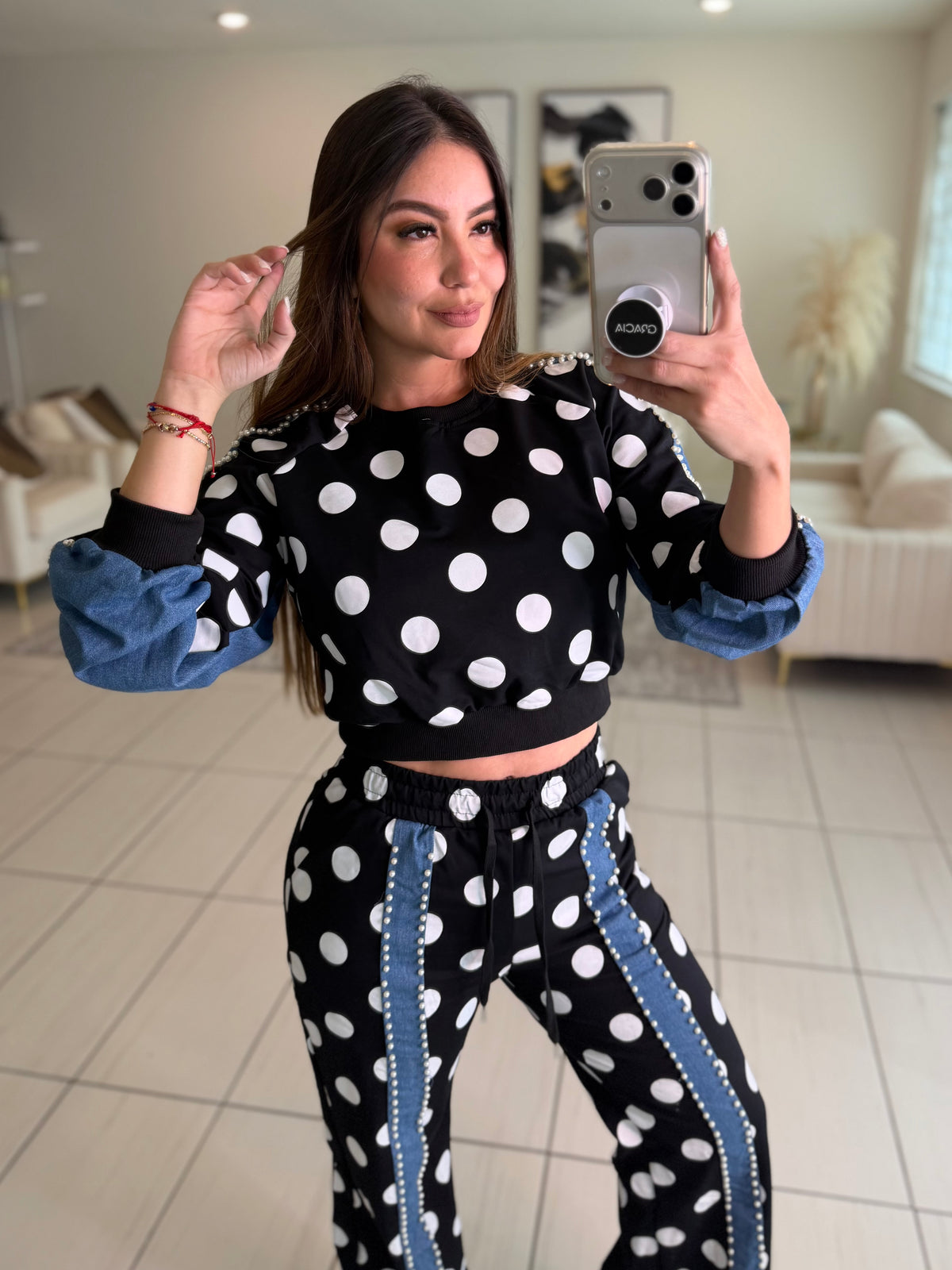 Polka Contrast Statement Black Pant Set