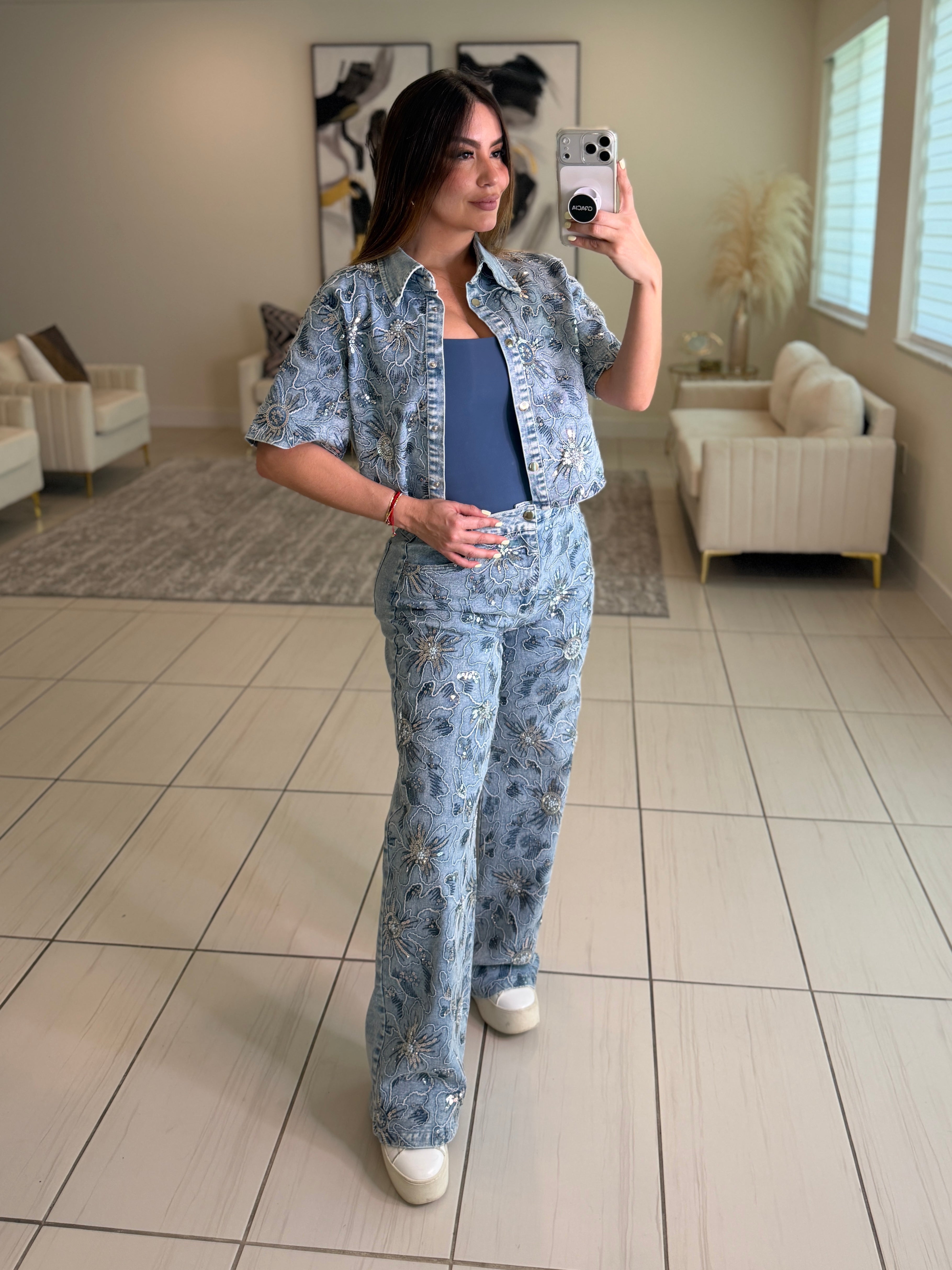 Blossom Sequin Denim Pant Set