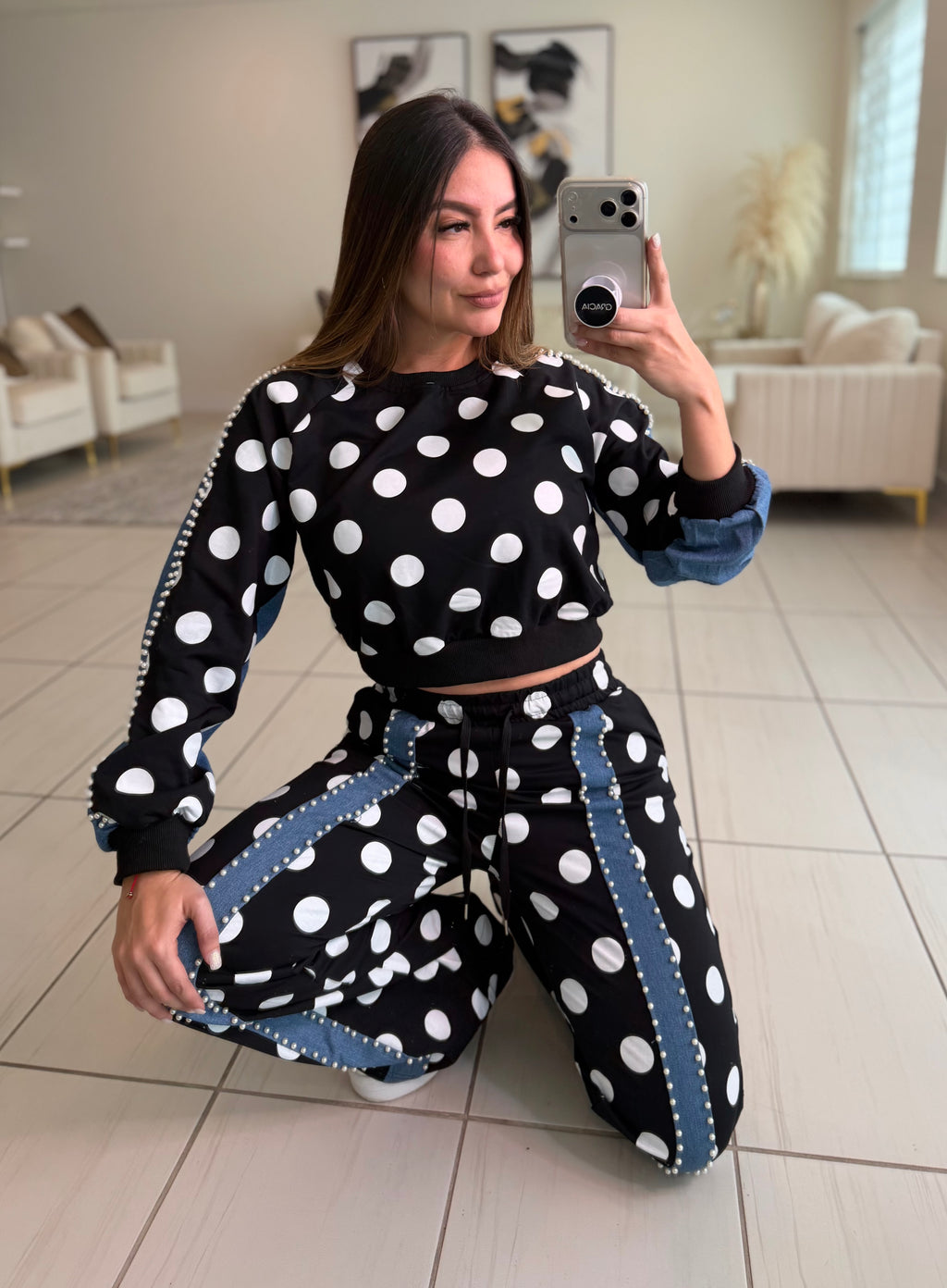 Polka Contrast Statement Black Pant Set