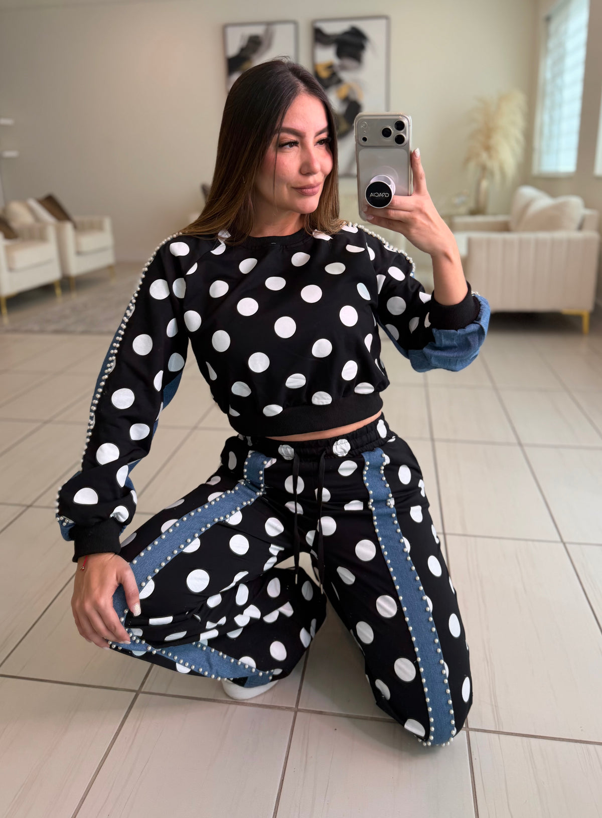 Polka Contrast Statement Black Pant Set