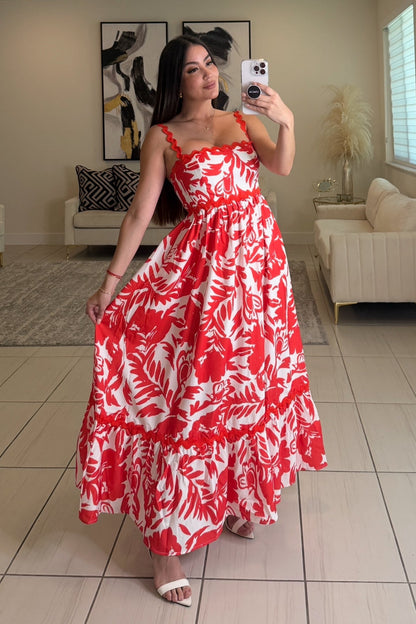 Garden Reverie Floral Red Midi Dress