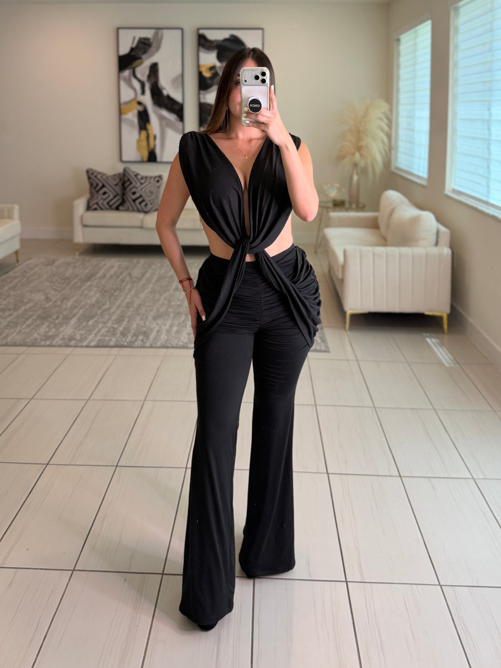Crowned Desire Ruched Black Jumpsuit